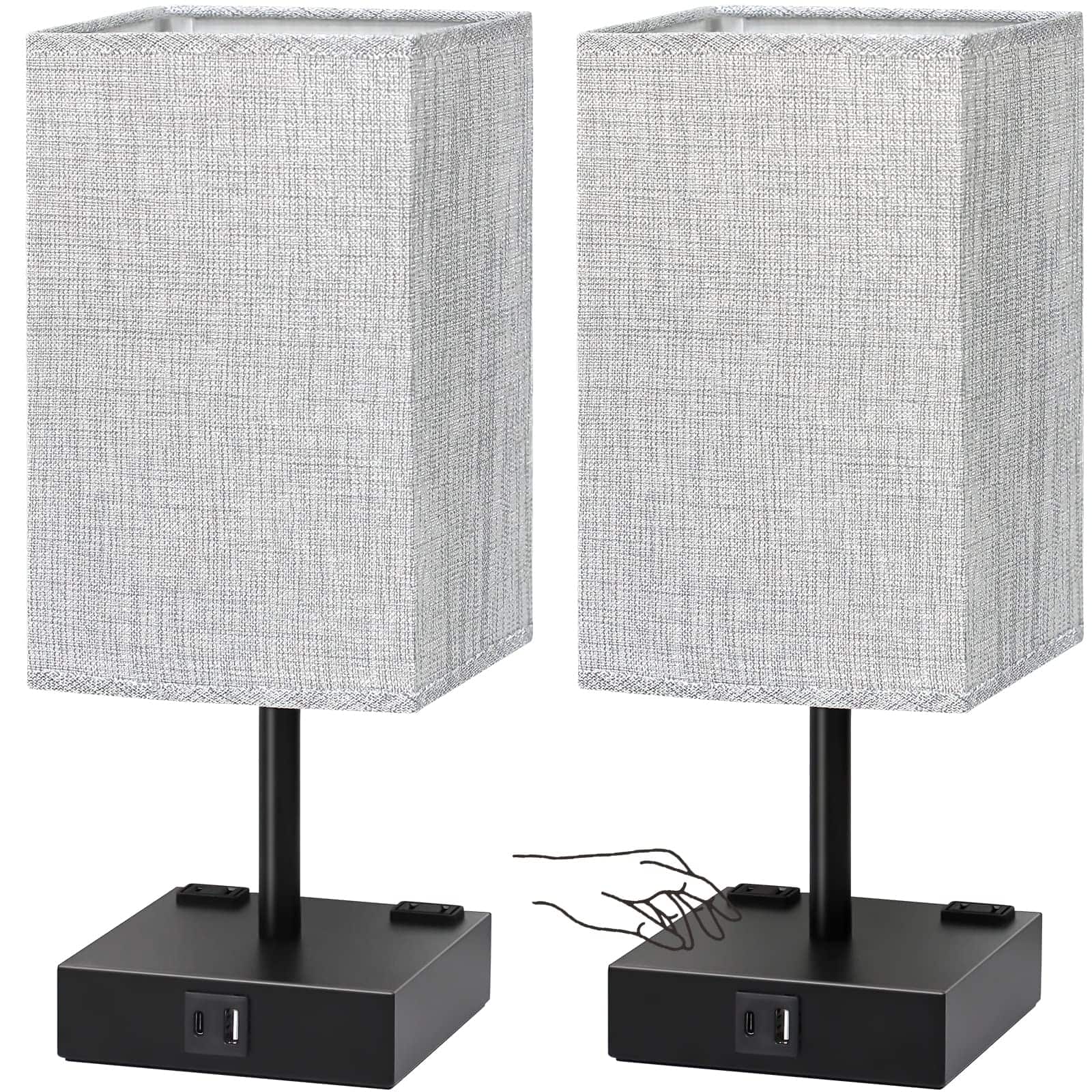 Reds Spade - Bedside Table Lamps Set Touch Nightstand Lamp Bedroom USB Charging Ports Outlets Way Dimmable Desk Lamp - Gray