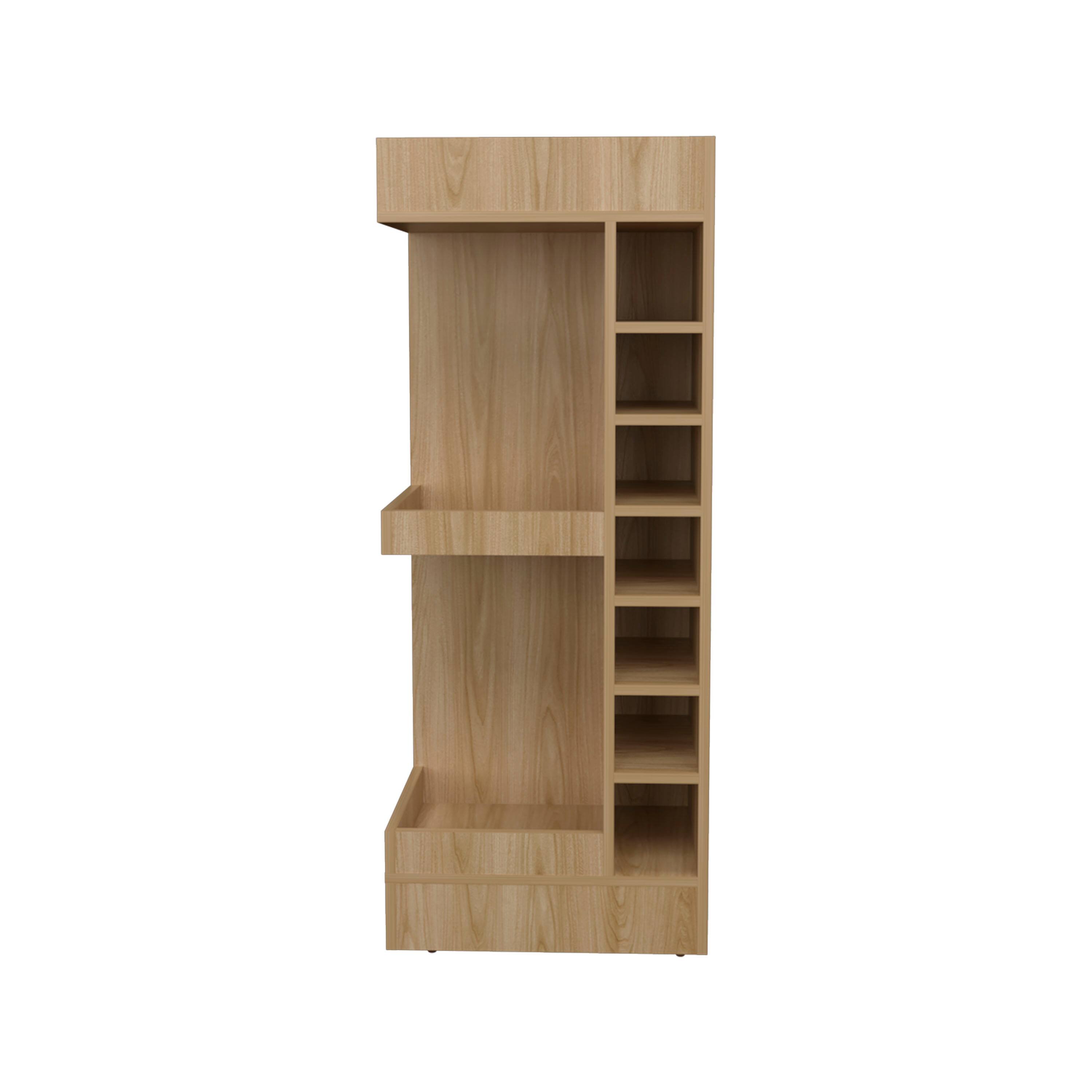 Alt View 2. TuHome - Lyman Tall 3-Tier Corner Bar Cabinet with Fourteen Wine Bottle Cubbies, Living Room, Liquor Cabinet, Storage Cabinet - Natural Oak.