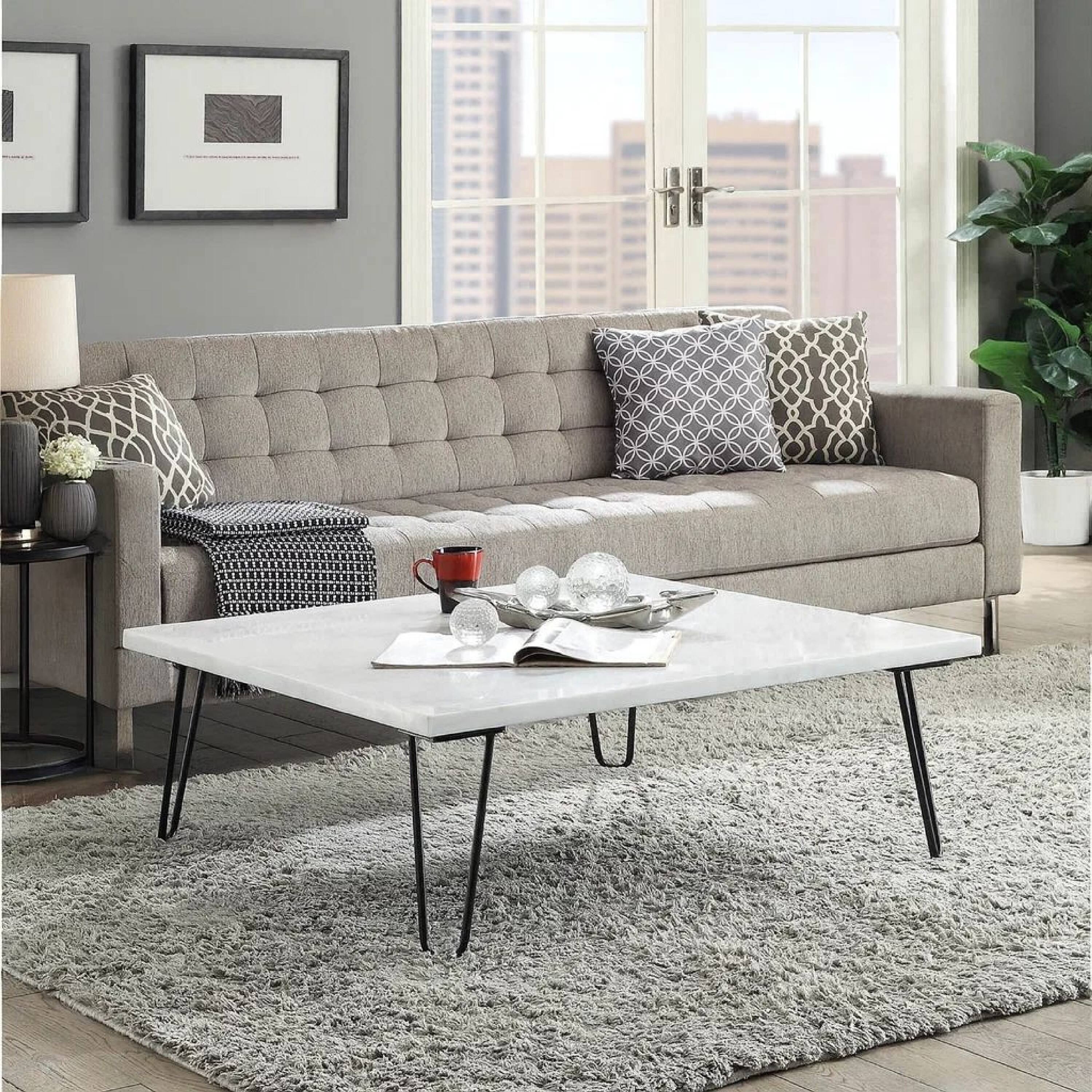 Alt View 6. Manhattan Lane - Marble Top Coffee Table with Hairpin Style Metal Legs - White, Black.