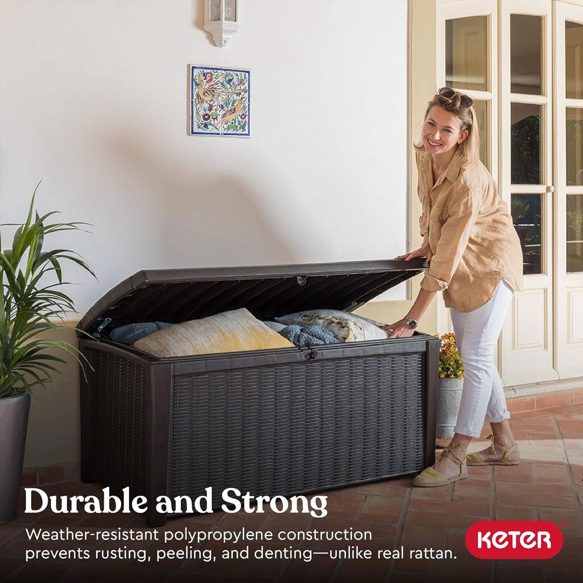 Durable and Strong  
Weather-resistant polypropylene construction prevents rusting, peeling, and denting—unlike real rattan.