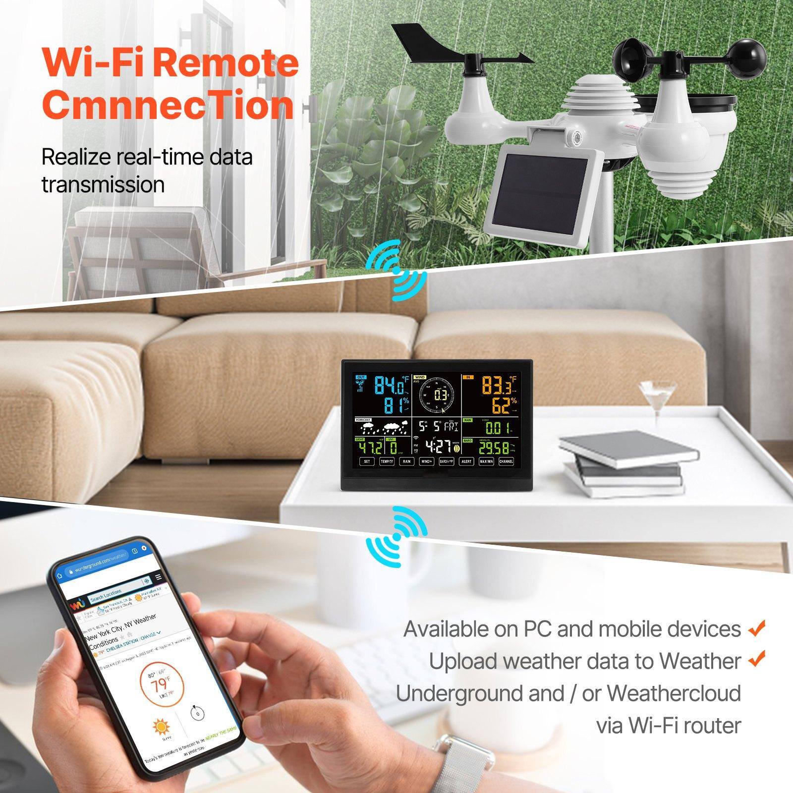 Wi-Fi Remote Connection  
Realize real-time data transmission  

Available on PC and mobile devices  
Upload weather data to Weather Underground and / or Weathercloud via Wi-Fi router