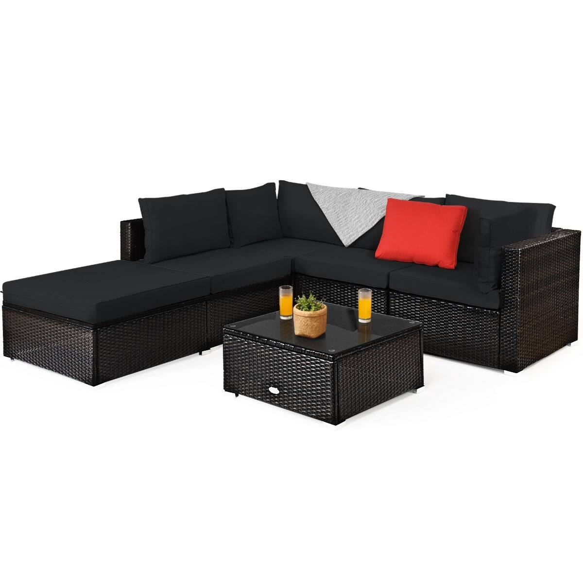 Back. SlickBlue - 6-Piece Outdoor Rattan Sectional Sofa Set with Cushions and Coffee Table - Black.