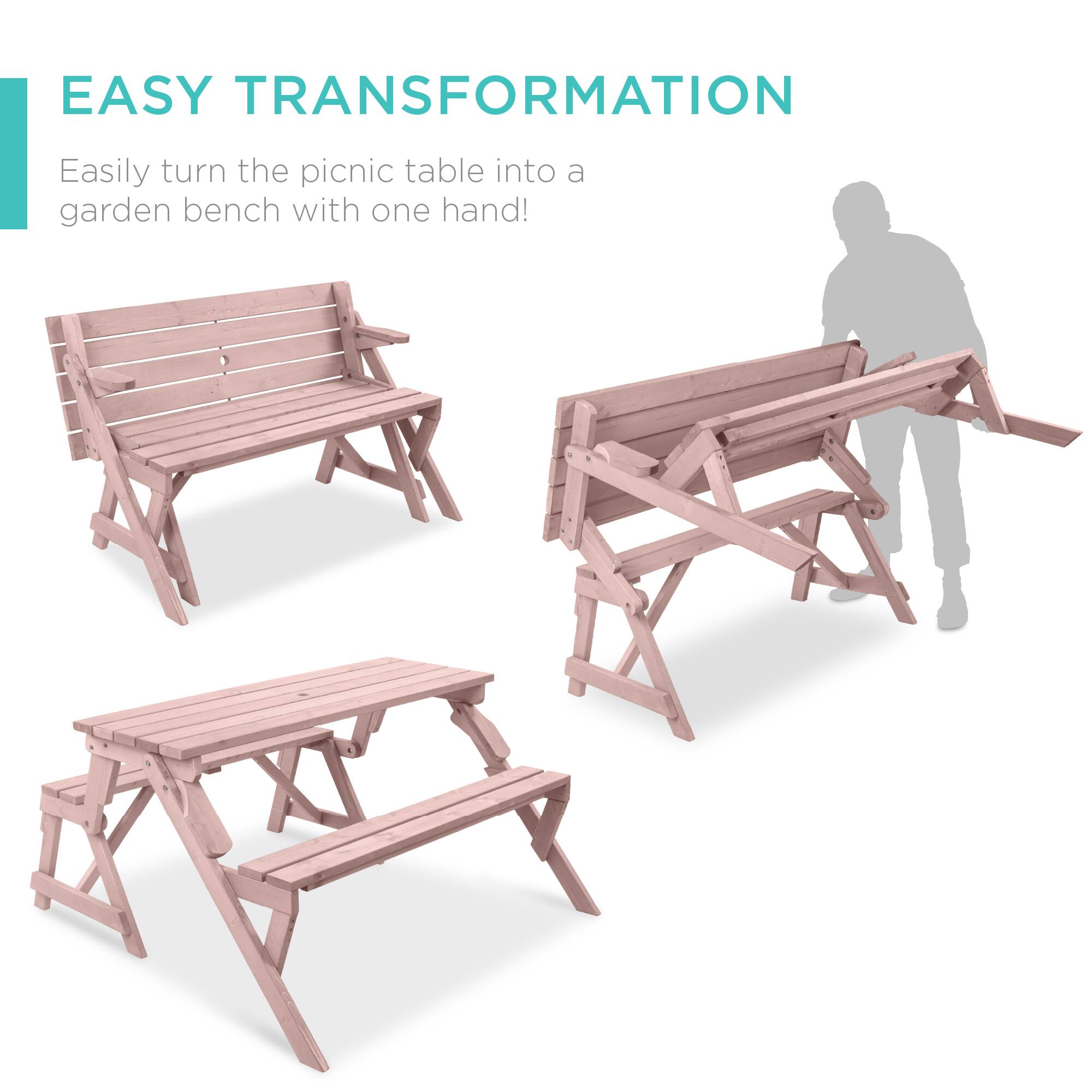 EASY TRANSFORMATION  
Easily turn the picnic table into a garden bench with one hand!