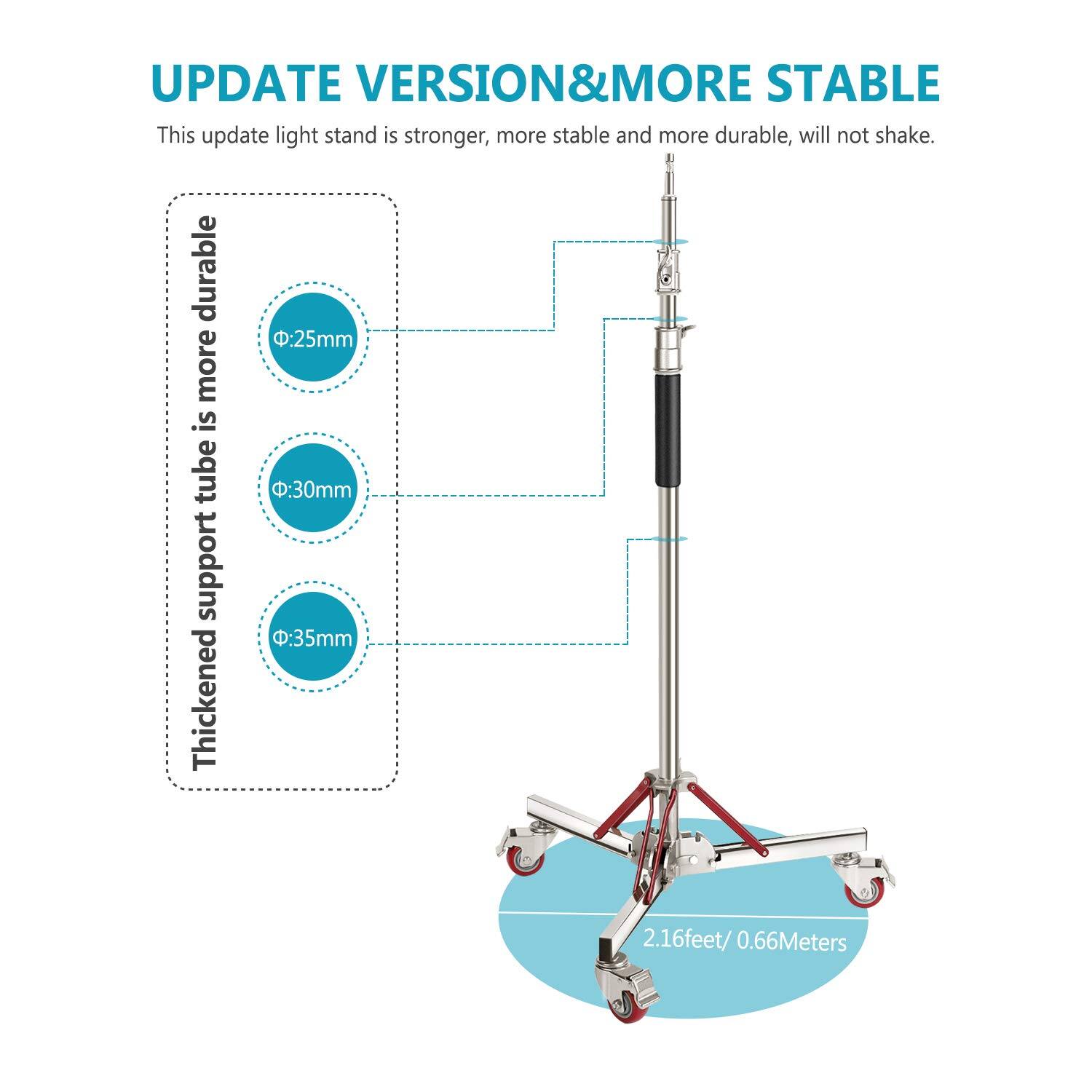 UPDATE VERSION & MORE STABLE

This update light stand is stronger, more stable and more durable, will not shake.

- Thickened support tube is more durable
  - Ø25mm
  - Ø30mm
  - Ø35mm

- 2.16 feet / 0.66 Meters