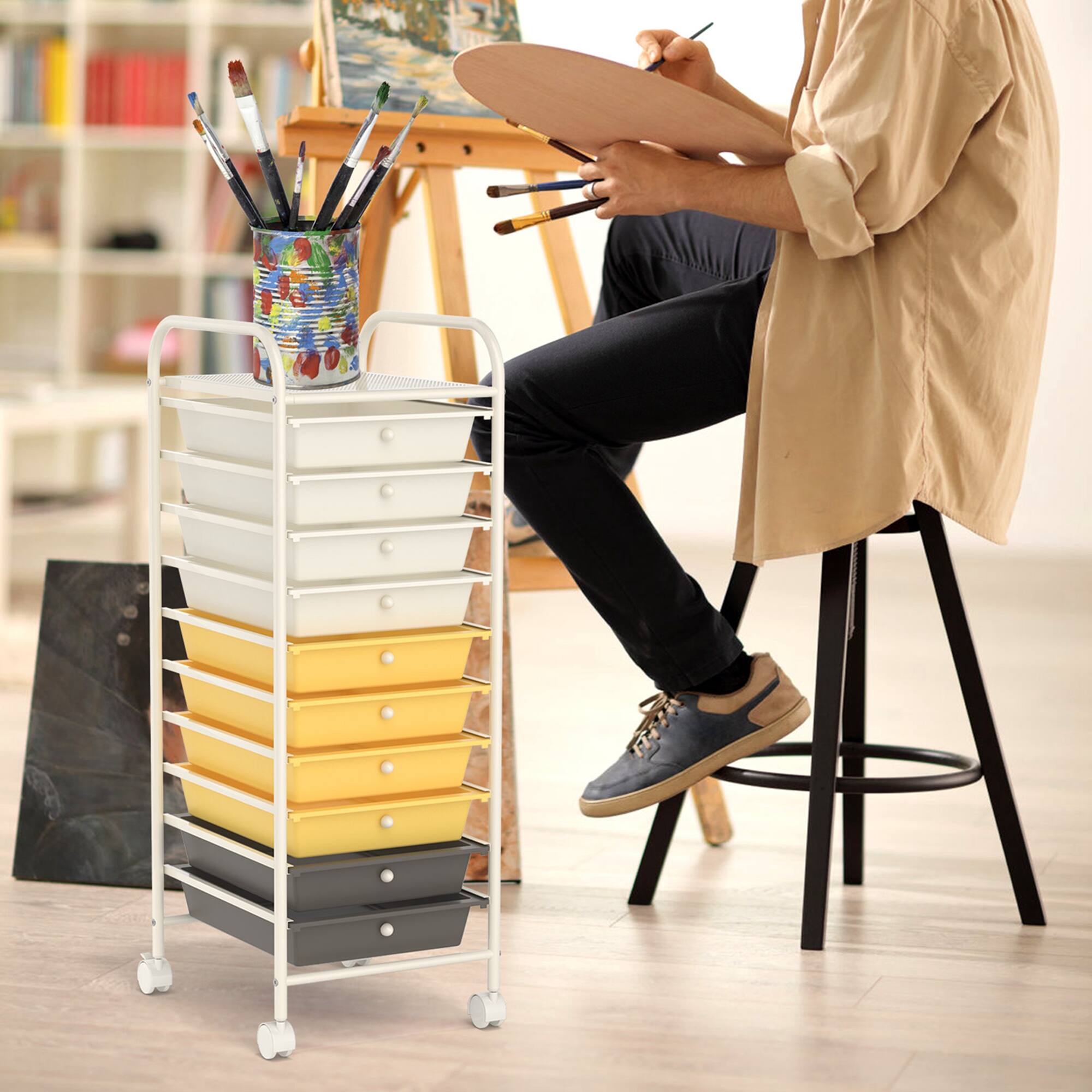 Alt View 4. Costway - 10 Drawer Rolling Storage Cart Scrapbook Paper Office School Organizer - White/Gray/Beige/Yellow.