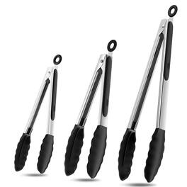 MOVSSOU - Kitchen Tongs Set with Silicone Tips Stainless Steel Heat Resistant - Black