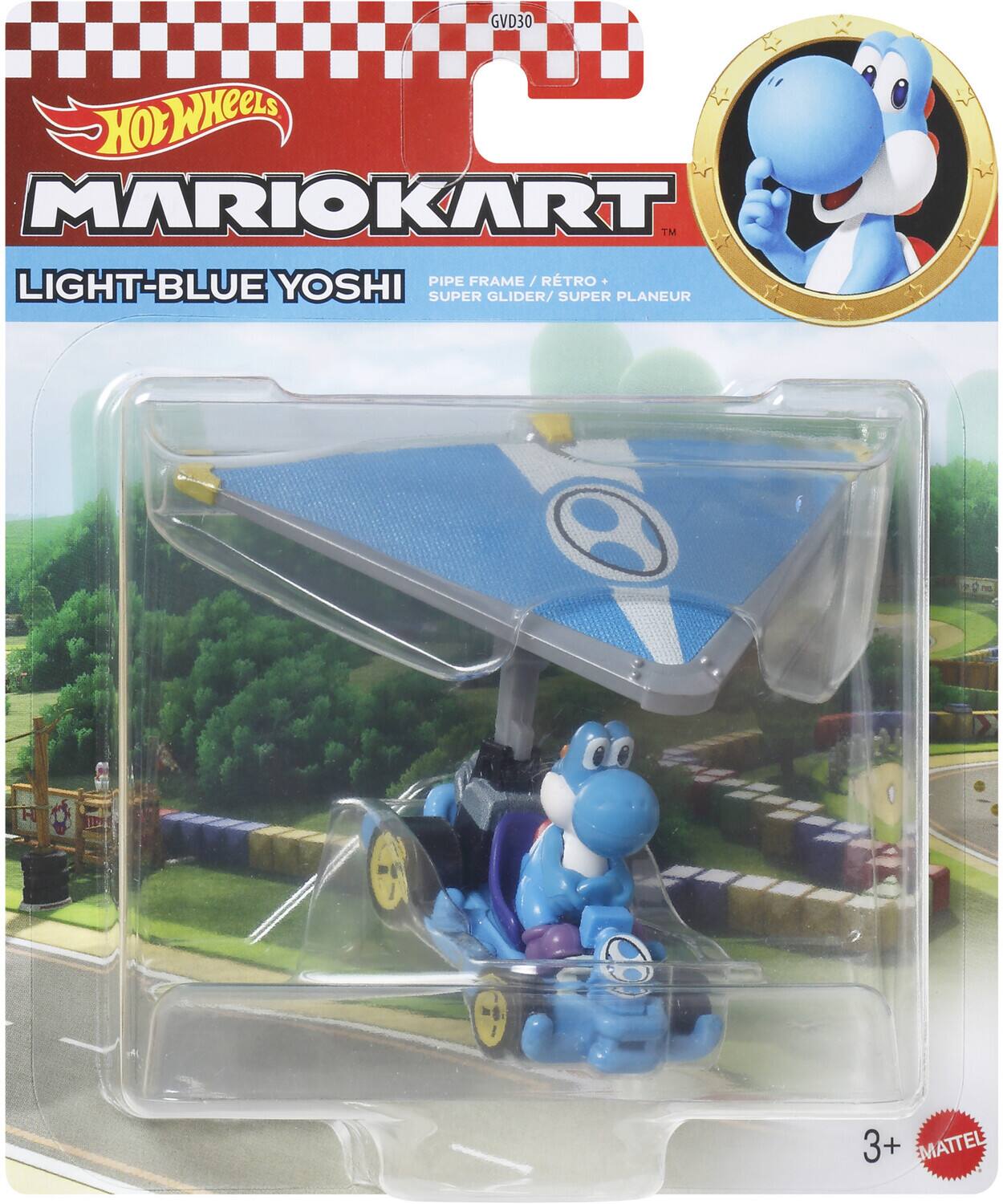 GVD30 Hot Wheels Mario Kart TM Light-Blue Yoshi Pipe Frame Retro / Super Glider / Super Planeur 3+ EMattel