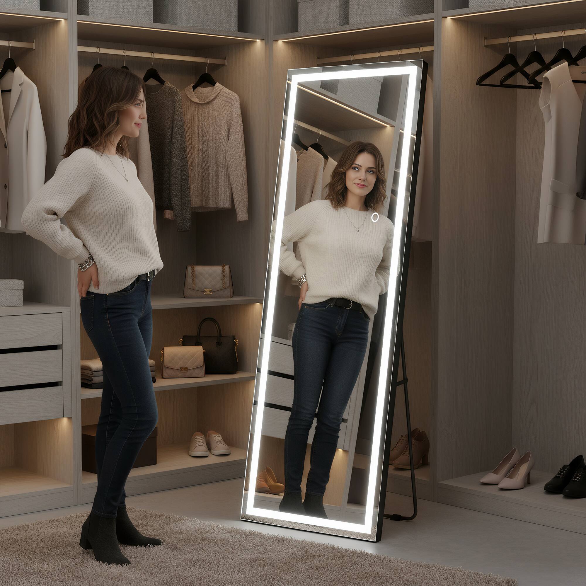 Angle. Spaco - Spaco 65 x 24 Rectangle Frameless Full-Length Tempered Mirror with Adjustable 3-Color LED Light - Black.