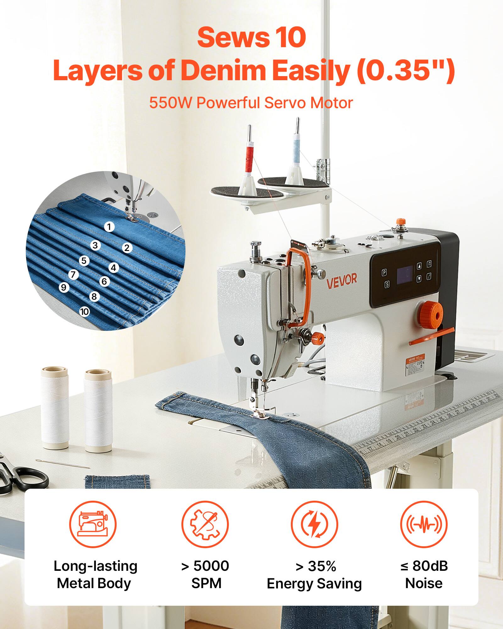 Sews 10 Layers of Denim Easily (0.35")  
550W Powerful Servo Motor  

VEVOR  

Long-lasting Metal Body  
> 5000 SPM  
> 35% Energy Saving  
≤ 80dB Noise