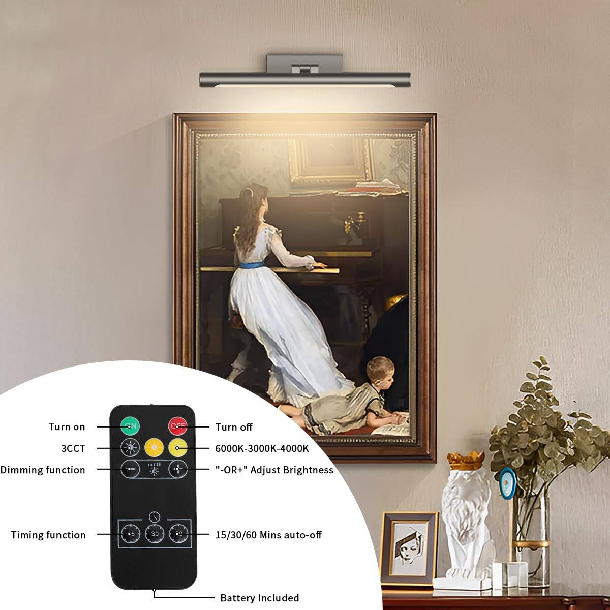 - Turn on
- 3CCT
- Dimming function
- Timing function
- Turn off
- 6000K-3000K-4000K
- "-OR+" Adjust Brightness
- 15/30/60 Mins auto-off
- Battery Included