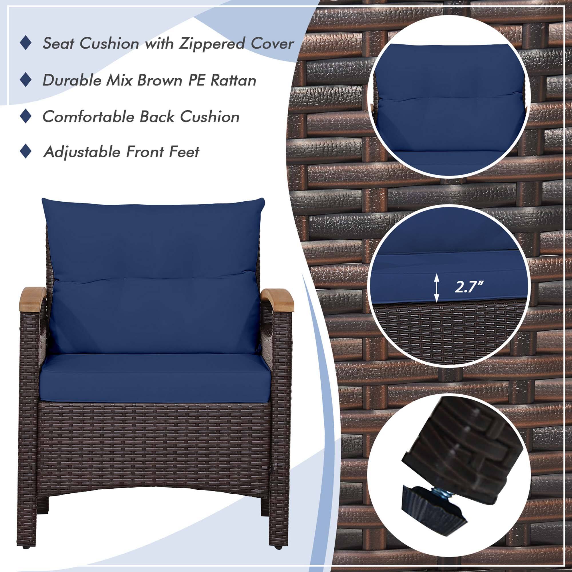 Seat Cushion with Zippered Cover, Durable Mix Brown PE Rattan, Comfortable Back Cushion, Adjustable Front Feet, 2.7"