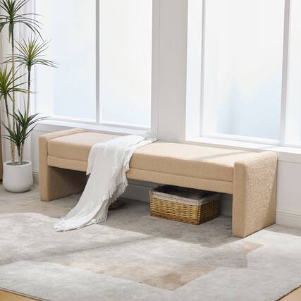 Front. Ropilly - Ropilly Modern Upholstered End of Bed Bench Wheat Tufted Teddy Fabric Oversized Entryway Window Seat - Wheat.