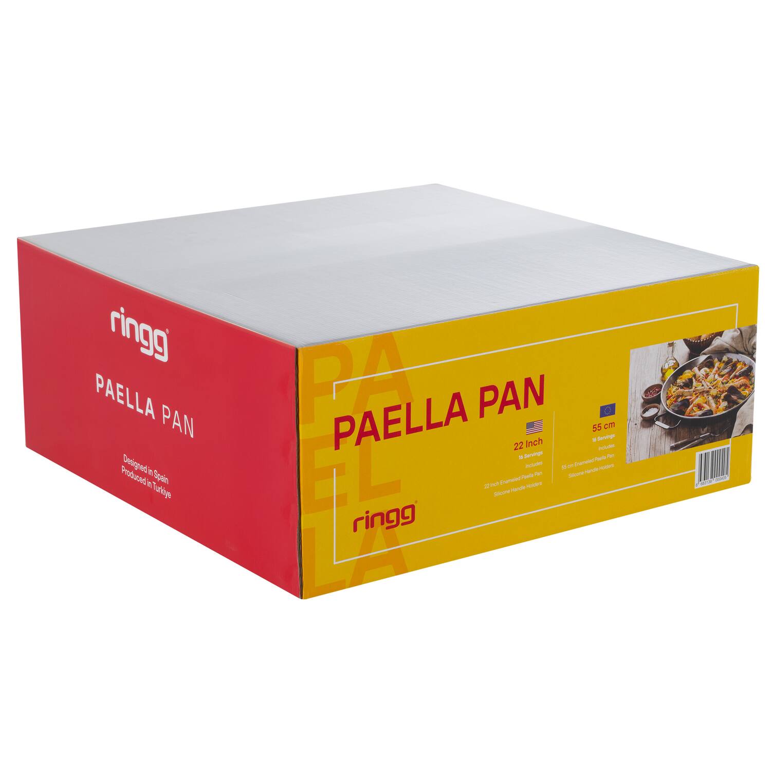 ringg PAELLA PAN  
Designed in Spain  
Produced in Turkey  

PAELLA PAN  
22 Inch  
Serving 22 People  
55 cm  
15 cm High  
Silicone Handles  
22 cm Diameter Pan