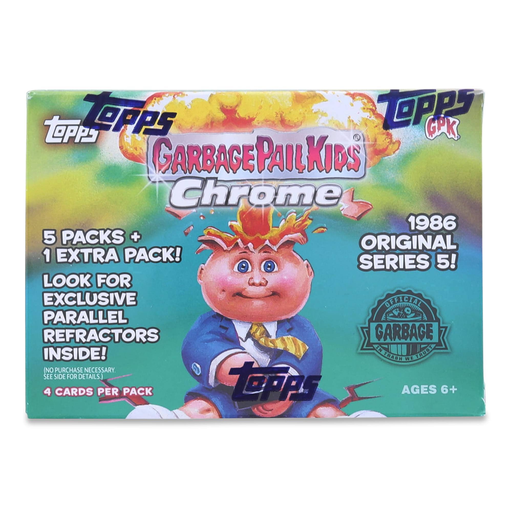 Topps Garbage Pail Kids Chrome 1986 Original Series 5! 5 Packs + 1 Extra Pack! Look for Exclusive Parallel Refractors Inside! (No Purchase Necessary. See Side for Details.) 4 Cards per Pack. Ages 6+