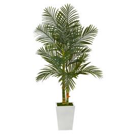 BreeBe - 5.5' Golden Cane Artificial Palm Tree in White Metal Planter - Green