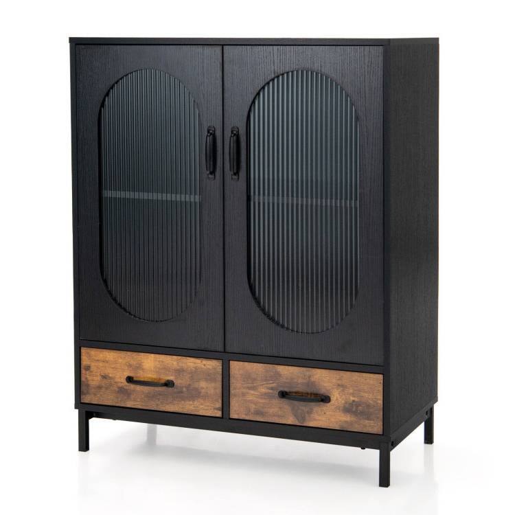 Angle. Hivvago - Modern Black Brown Metal Wood Sideboard Dining Buffet Cabinet with Glass Doors - Black, Rustic Brown.