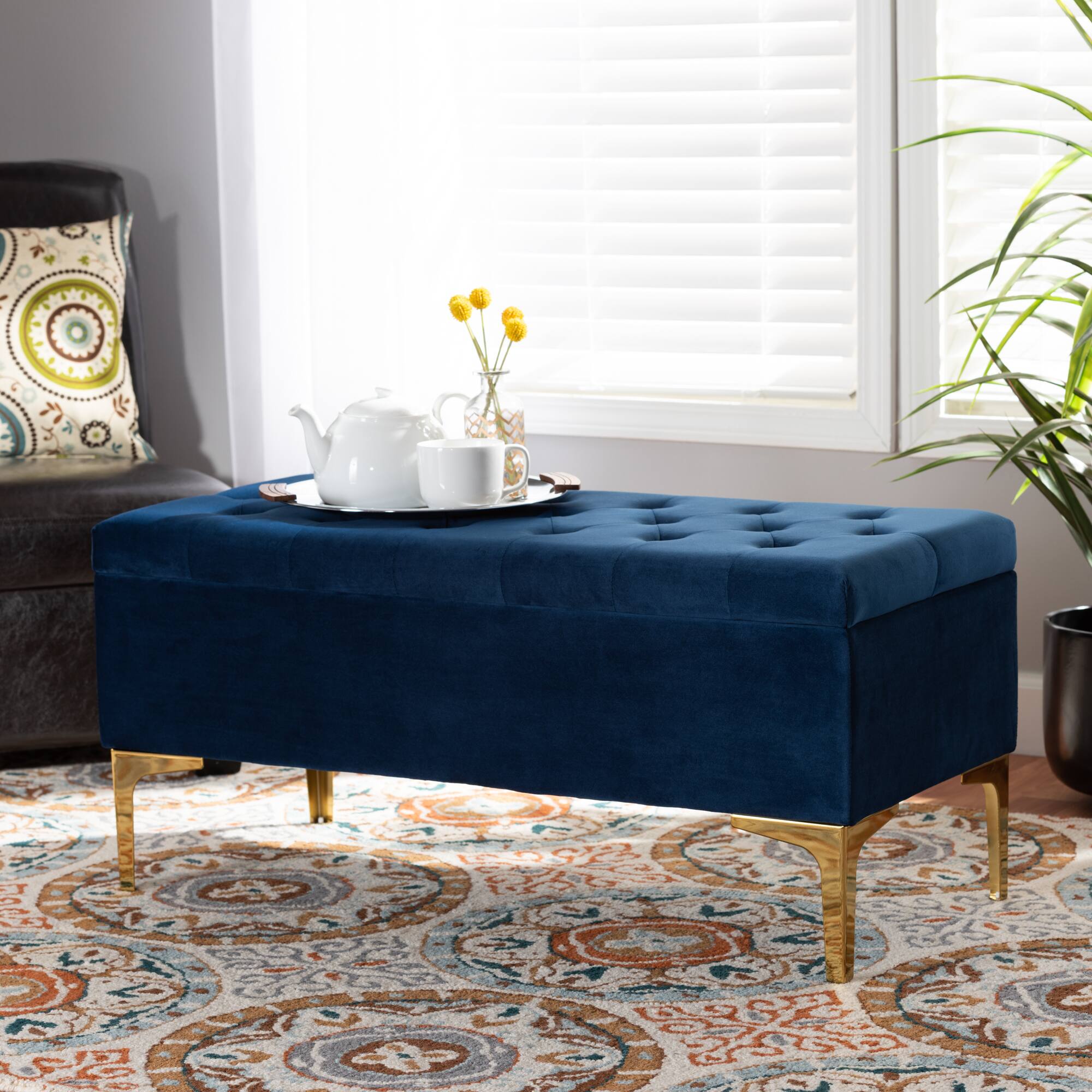 Alt View 4. Baxton Studio - Valere Glam and Luxe Velvet Fabric Upholstered Gold Finished Button Tufted Storage Ottoman - Navy Blue/Gold.