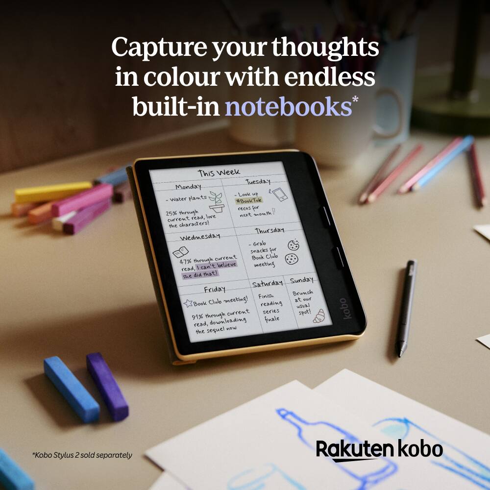 Capture your thoughts in colour with endless built-in notebooks*

This Week

Monday
- water plants
- 25% through current read, love the characters!

Tuesday
- Lose up
- Book Talk
- snacks for next month?

Wednesday
- Grab Smacks
- 47% through current read, I can't believe she did that!

Thursday
- Book Club meeting
- 91% through current read, downloading the sequel now

Friday
- Book Club meeting

Saturday
- Finish reading current series finale

Sunday
- Brunch at our spot!

*Kobo Stylus 2 sold separately

Rakuten kobo