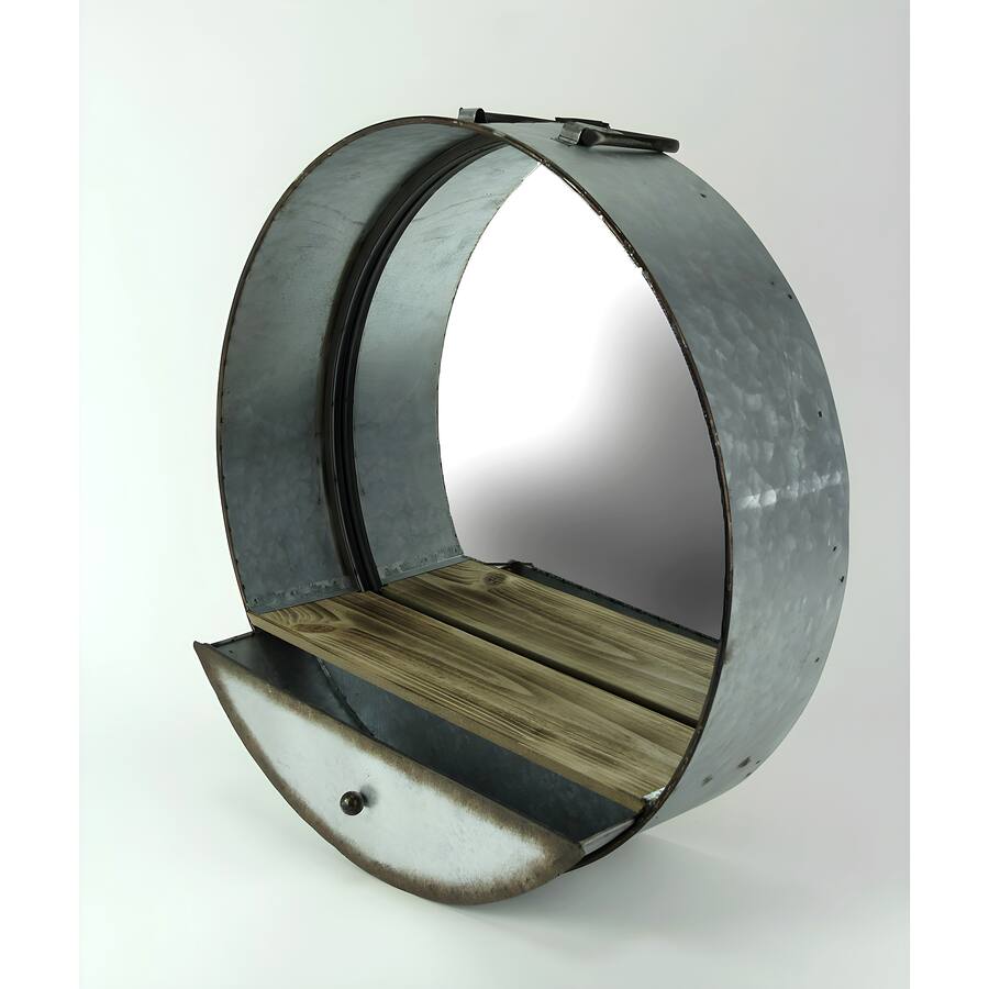 Zeckos Rustic Galvanized Metal Tub Frame Round Wall Mirror with Drawer ...