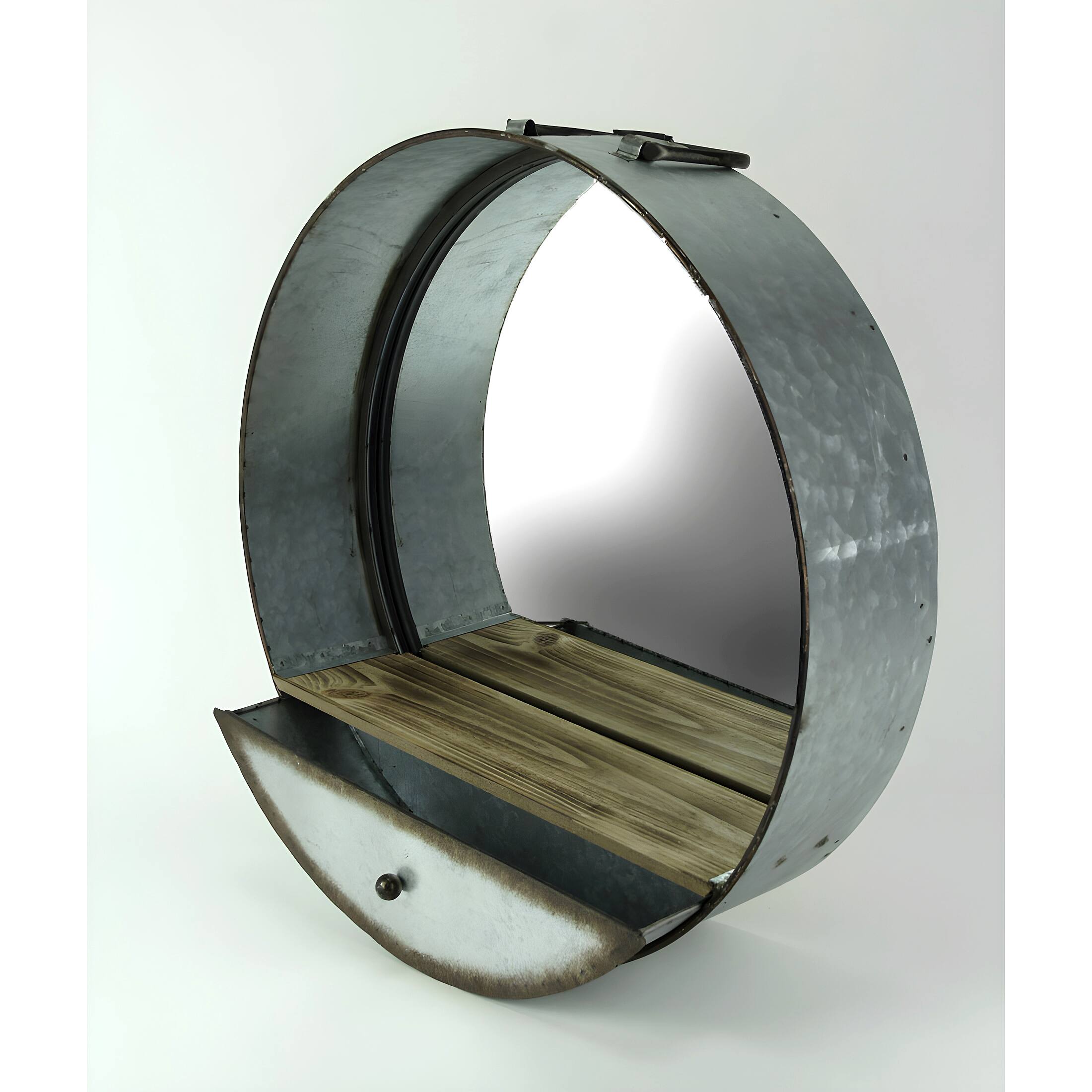 Alt View 1. Zeckos - Rustic Galvanized Metal Tub Frame Round Wall Mirror with Drawer - Gray.
