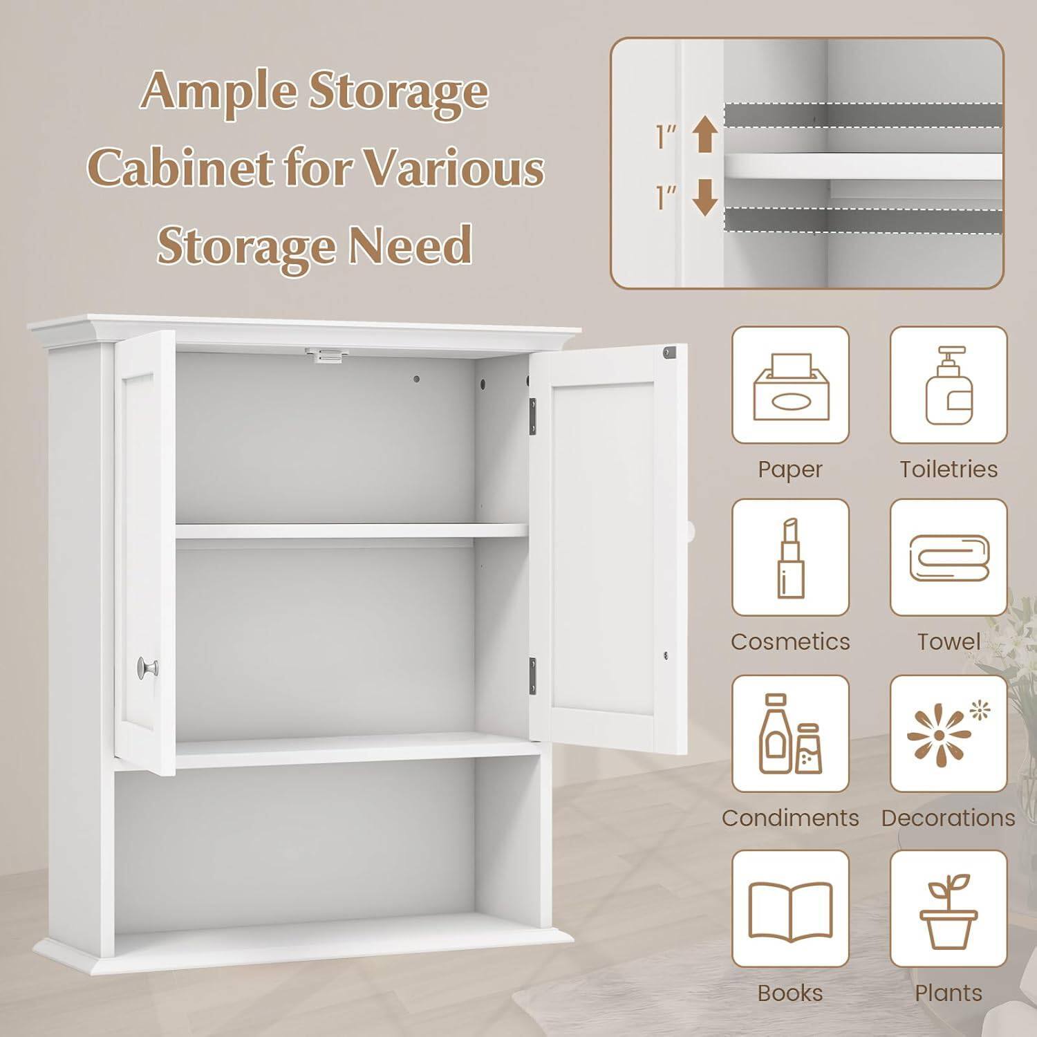 Ample Storage Cabinet for Various Storage Needs

1" 1"

- Paper
- Toiletries
- Cosmetics
- Towel
- Condiments
- Decorations
- Books
- Plants
