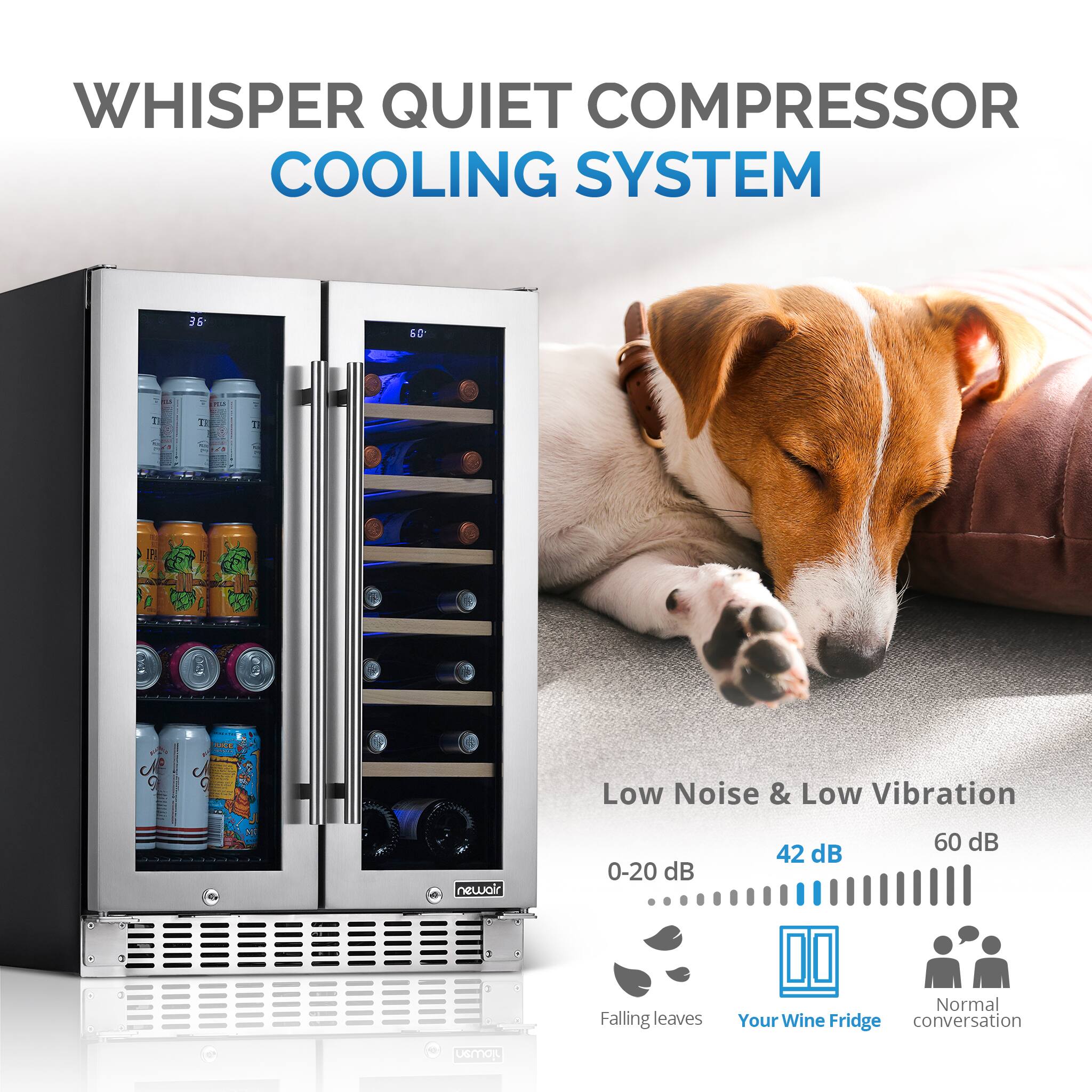 Whisper Quiet Compressor Cooling System: 36°-60°F, Low Noise & Low Vibration, 0-20 dB, 42 dB, 60 dB. Falling leaves. Normal. Your Wine Fridge conversation.
