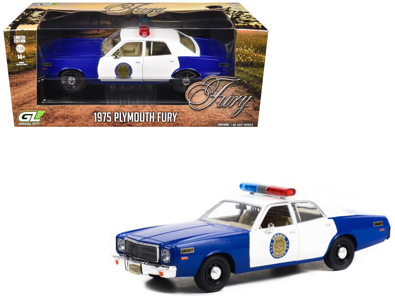 "1975 Plymouth Fury ""Osage County Sheriff"" Blue and White 1/24 Diecast Model Car by Greenlight" price history on PriceWatchPro