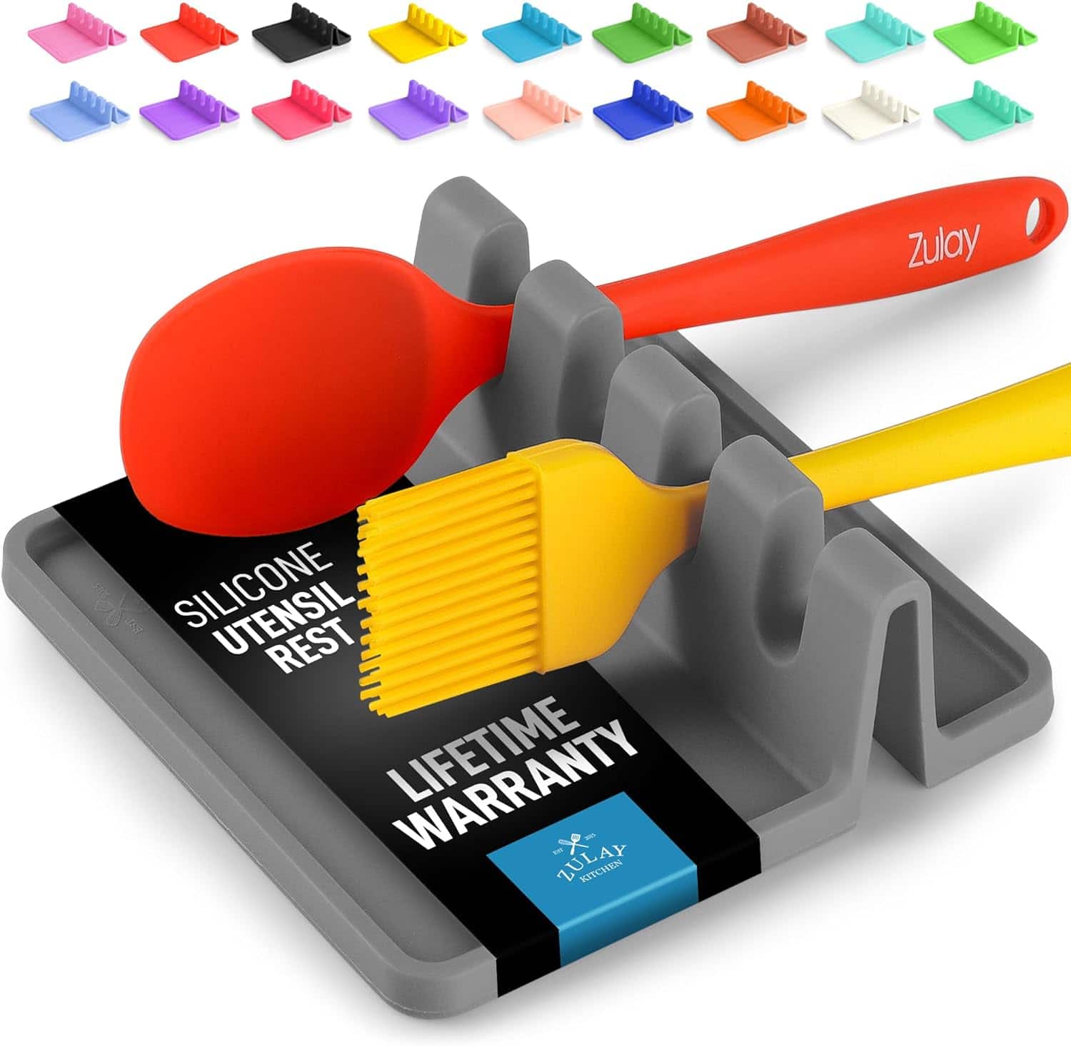 Zulay Kitchen - Silicone Utensil Rest with Drip Pad for Multiple Utensils - Heat-Resistant & Spoon Holder for Stove Top - Gray