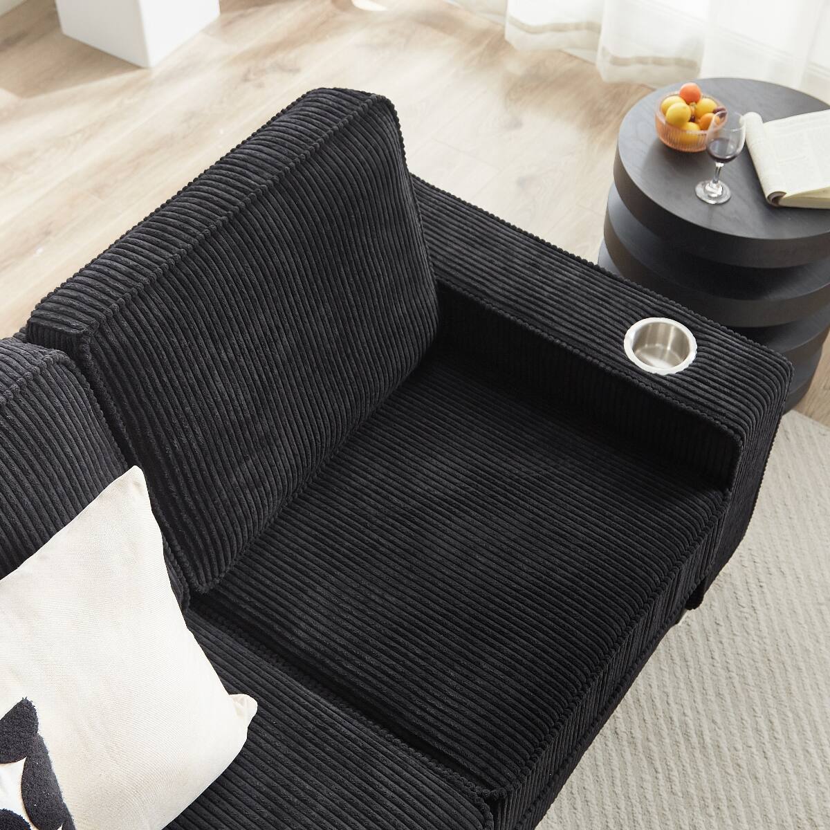 Alt View 3. Ropilly - Ropilly Modern Corduroy 3 Seater Sofa, Black Corduroy Sofa with Armrest Cup Holders, 83.86 Inch Couch - Black.