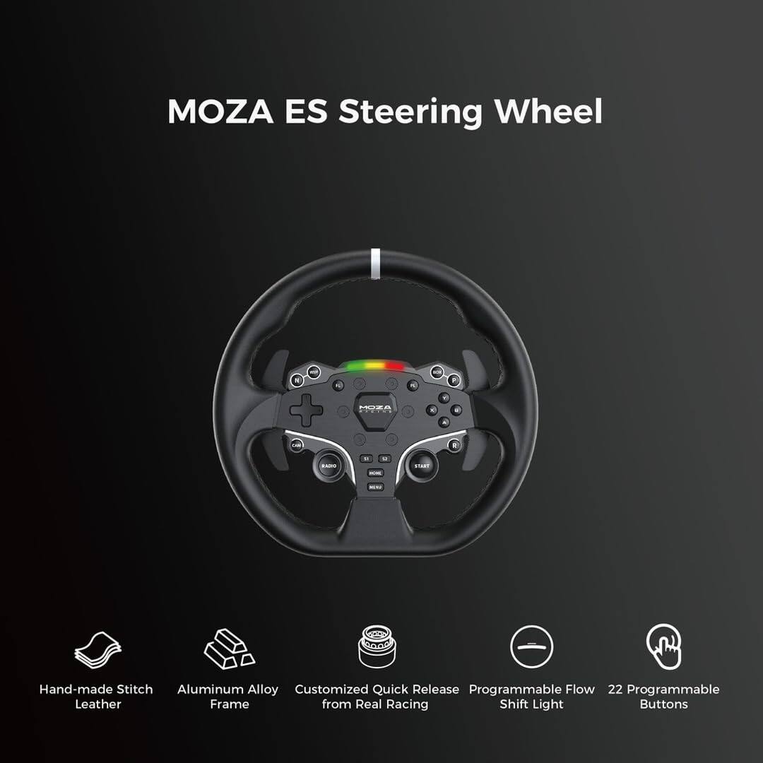 MOZA ES Steering Wheel - MUZA 4 - Hand-made Stitch Aluminum Alloy Customized Quick Release Programmable Flow 22 Programmable Leather Frame from Real Racing Shift Light Buttons