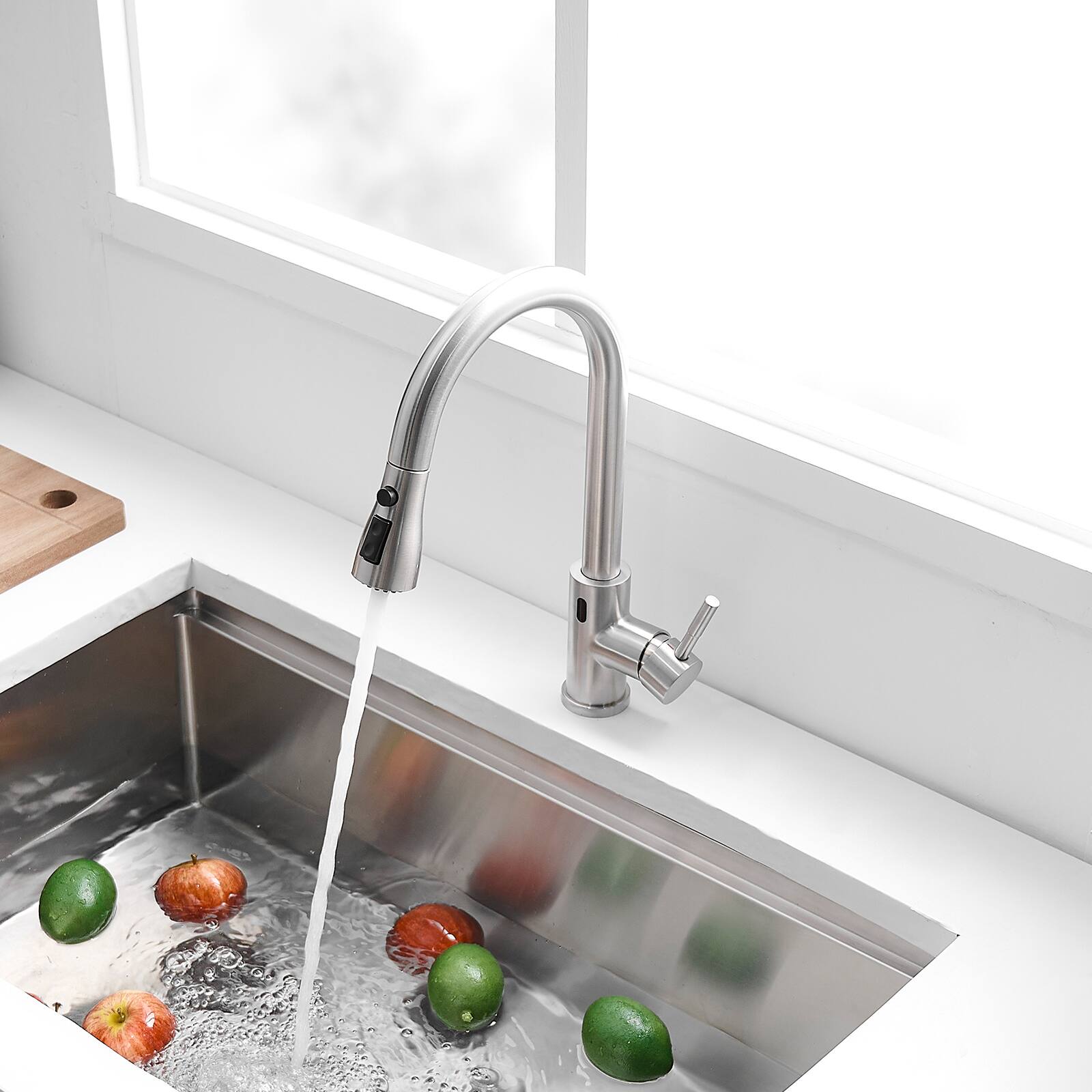 Back. TinyHomie - Touchless Kitchen Faucet Hands Free Smart Stainless Steel - white.