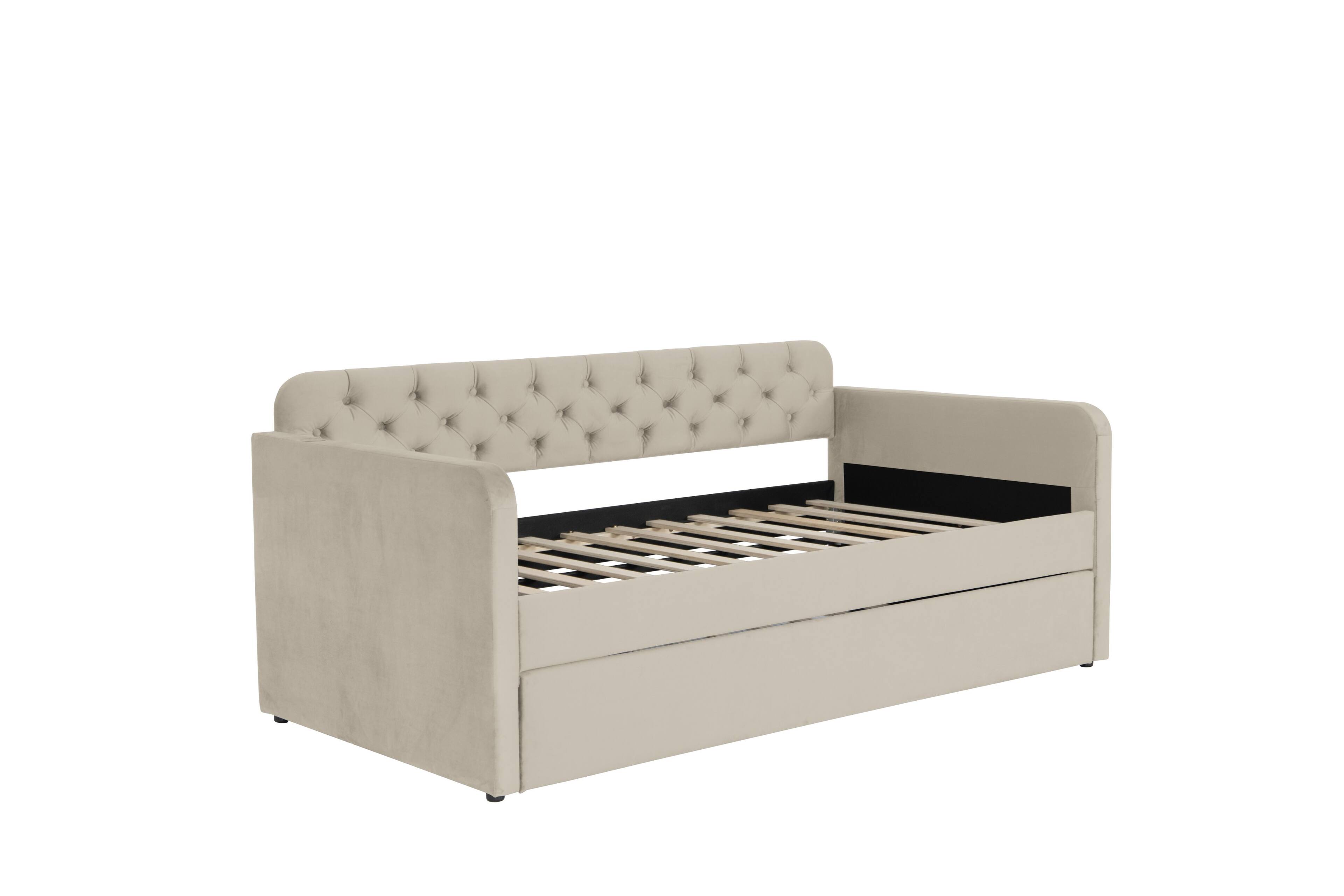 Alt View 1. Trinkets Crazed - Twin Size Upholstered Daybed with Trundle and USB Charging Design, Velvet Upholstered Daybed Frame, Twin Sofa Bed - Beige.