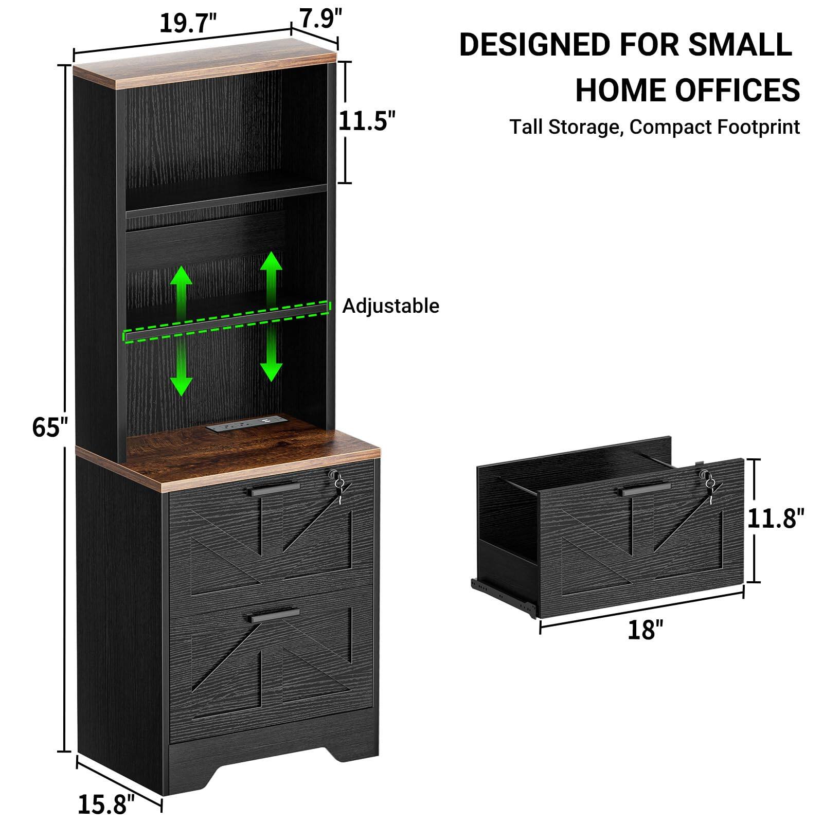 19.7"  
7.9"  
11.5"  
DESIGNED FOR SMALL HOME OFFICES  
Tall Storage, Compact Footprint  
Adjustable  
65"  
11.8"  
18"  
15.8"