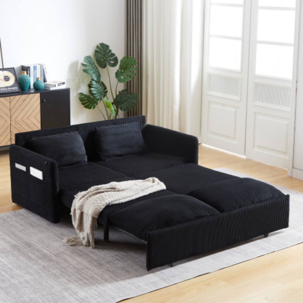 Back. LUCKY ONE - 64.5 Inch 3-in-1 Adjustable Corduroy Sleeper Sofa Bed with Pullout Bed, 2 Pillows, Side Pockets, Recliner Function - Black.