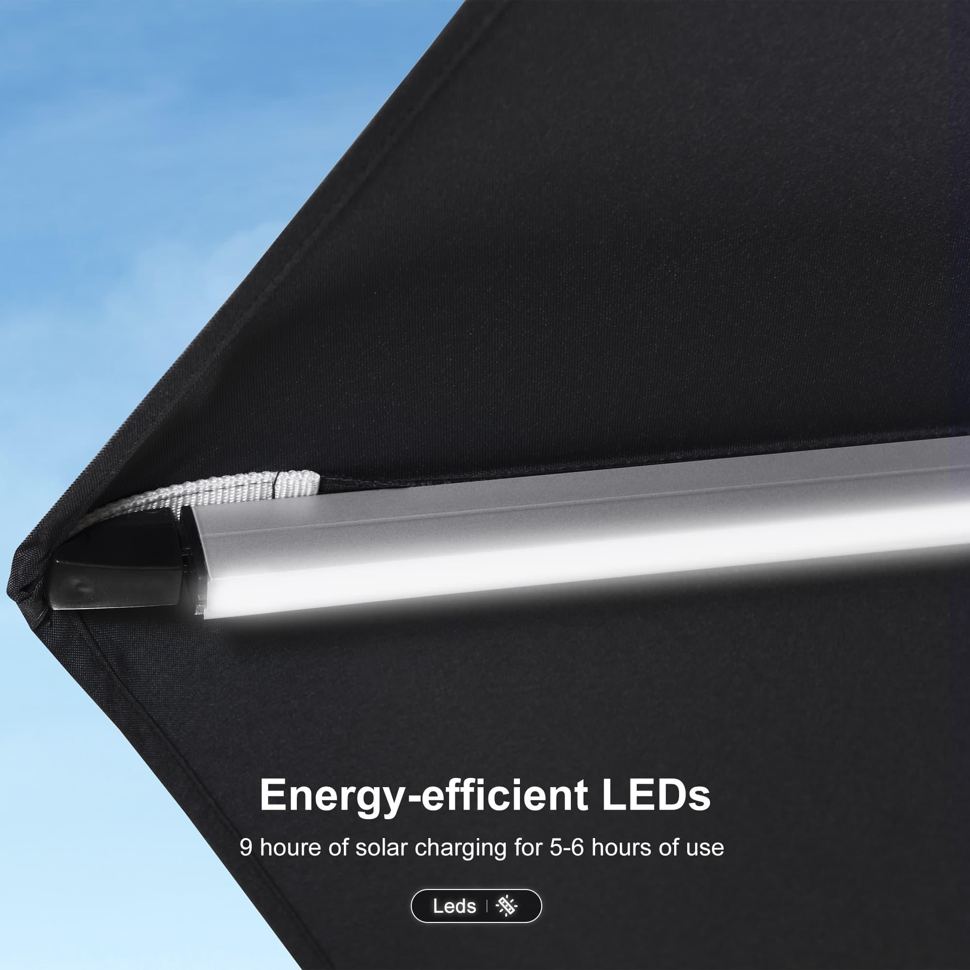 Energy-efficient LEDs  
9 hours of solar charging for 5-6 hours of use  
Leds