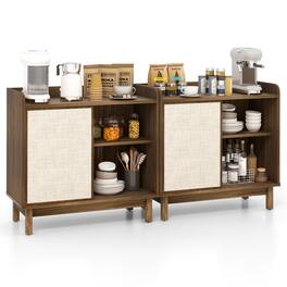 Gymax - 2PCS Rattan Buffet Sideboard w/ Adjustable Shelves Storage Cabinet & Sliding Door - Walnut, Beige