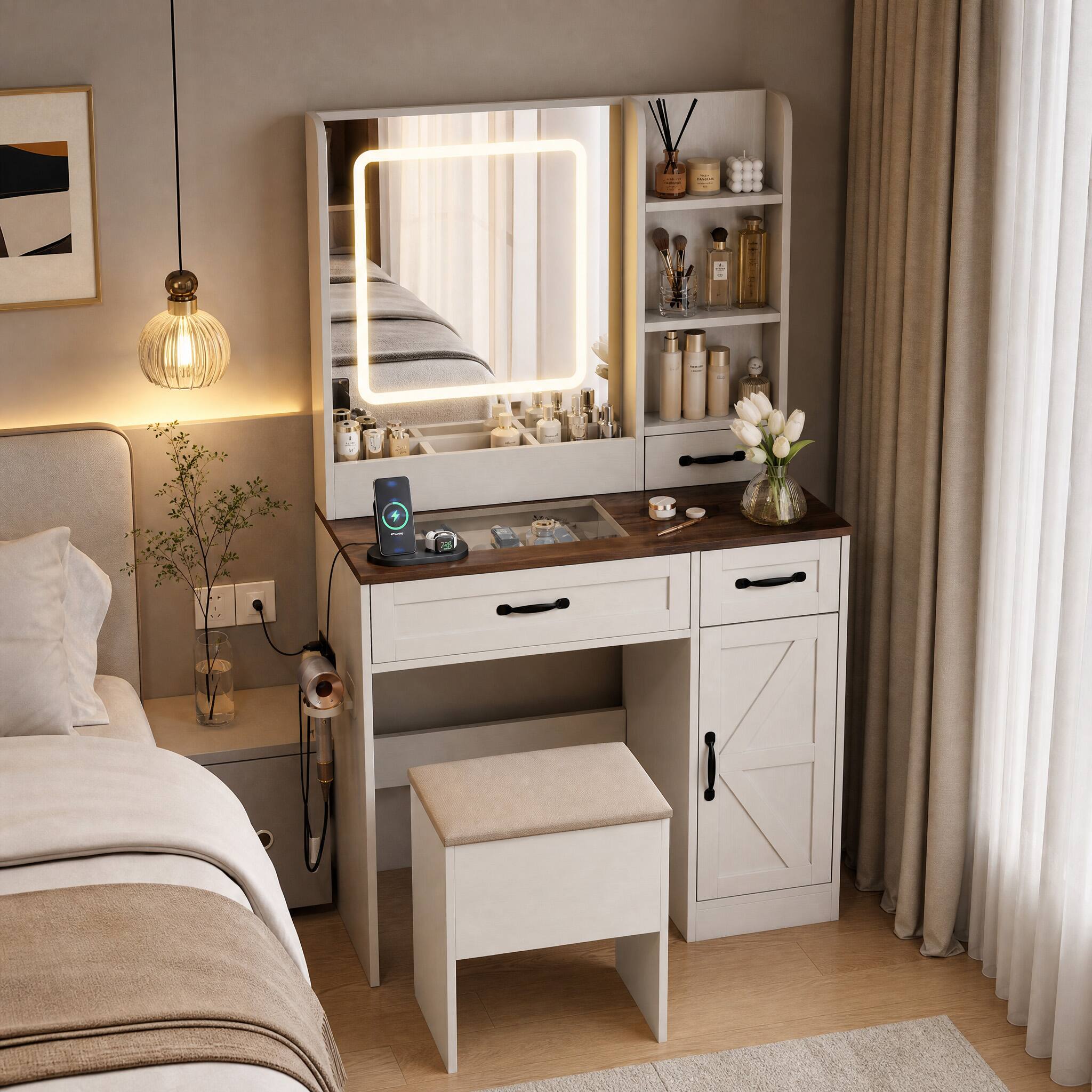 Front. WELLFOR - Vanity Desk with Lighted Mirror & Glass Top, Farmhouse Makeup Vanity Desk Set with Storage Stool & Charging Station - White.
