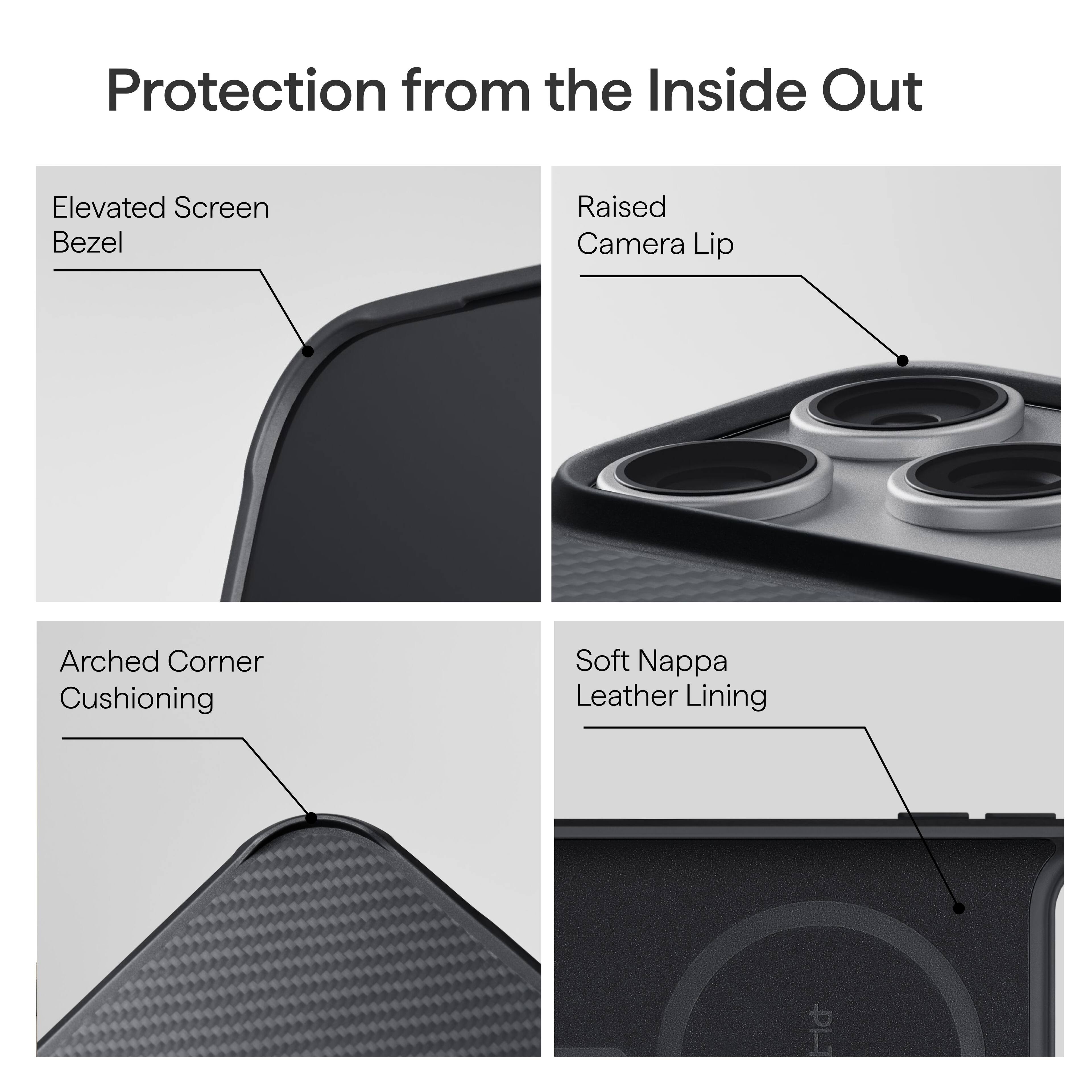 Protection from the Inside Out

- Elevated Screen Bezel
- Raised Camera Lip
- Arched Corner Cushioning
- Soft Nappa Leather Lining