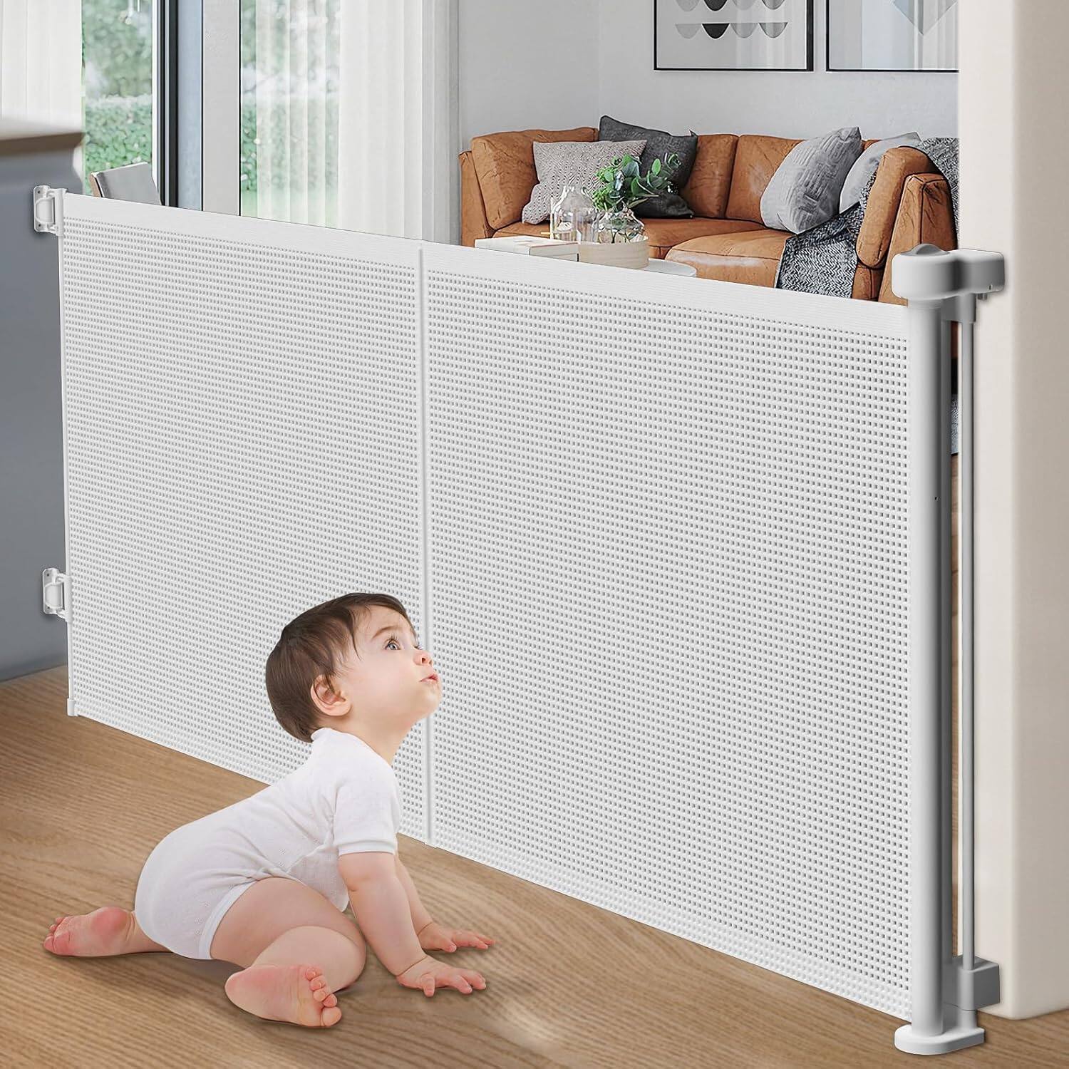 Front. Pawtners - Upgrade 35" Baby Safety Gate, Indoor Outdoor Mesh Retractable Dog Gate with Support Rods for Doorways, White, 60" Wide - White.