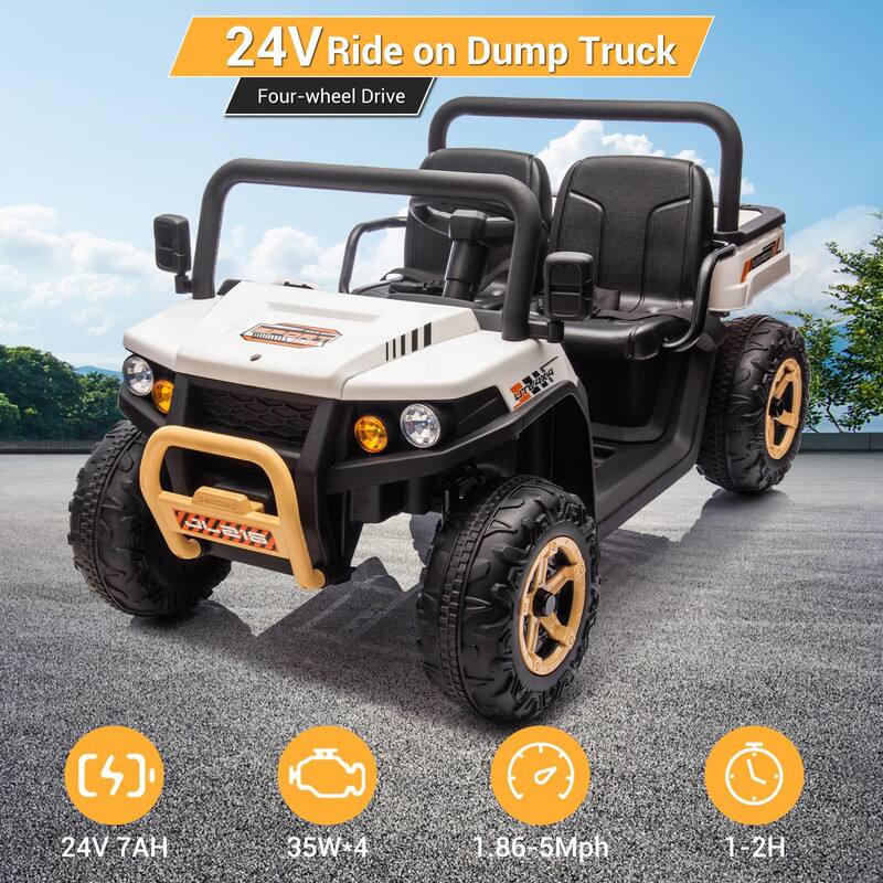 24V Ride on Dump Truck  
Four-wheel Drive  

24V 7AH  
35W*4  
1.86-5Mph  
1-2H