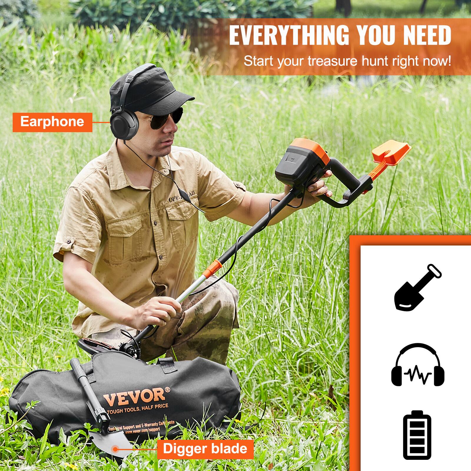 **EVERYTHING YOU NEED**  
Start your treasure hunt right now!

**Earphone**

**VEVOR**  
TOUGH TOOLS, HALF PRICE  
1 Year Warranty & E-Varranty Center  
www.vevor.com/support

**Digger blade**