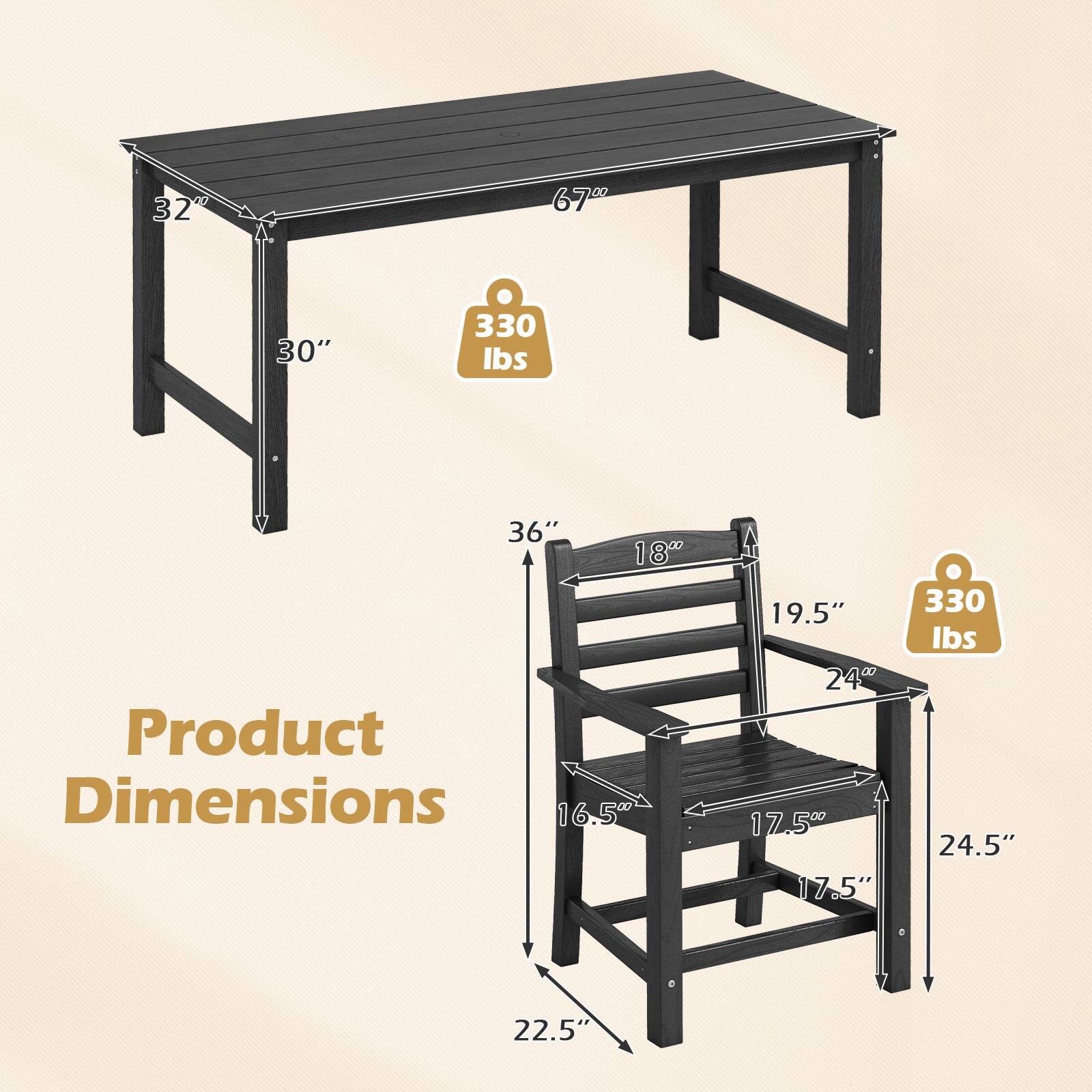 Product Dimensions

Table:
- Length: 32"
- Width: 36"
- Height: 30"
- Weight Capacity: 330 lbs

Chair:
- Height: 36"
- Seat Height: 18"
- Seat Depth: 19.5"
- Back Height: 24"
- Width: 24.5"
- Seat Width: 17.5"
- Seat Depth: 17.5"
- Weight Capacity: 330 lbs