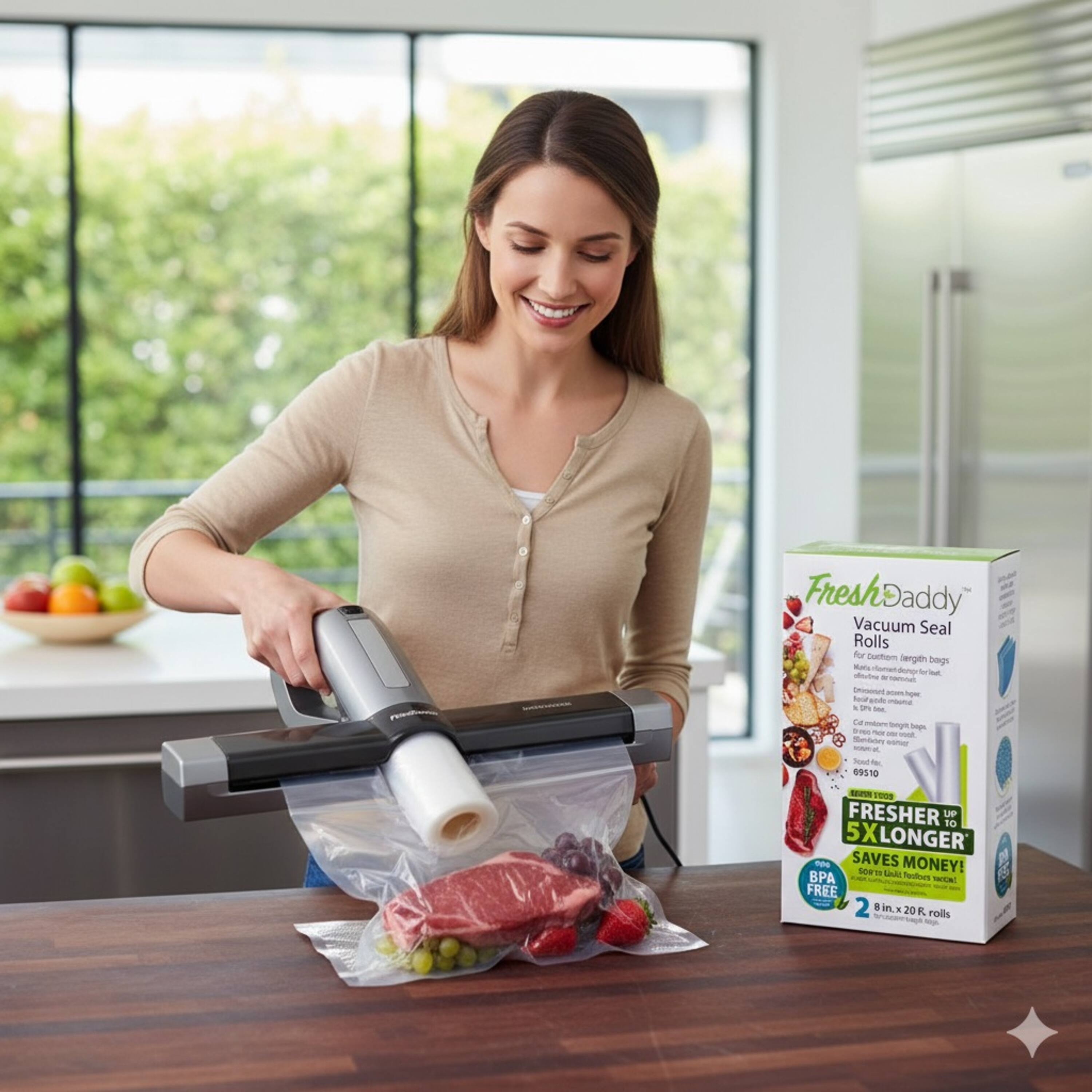 FreshDaddy Vacuum Seal Rolls for Contamination Prevention - 99510  
- 5X Longer  
- Saves Money!  
- BPA Free  
- 28 in x 20 ft rolls  
- 8 rolls  
- FREE 2 Year Warranty