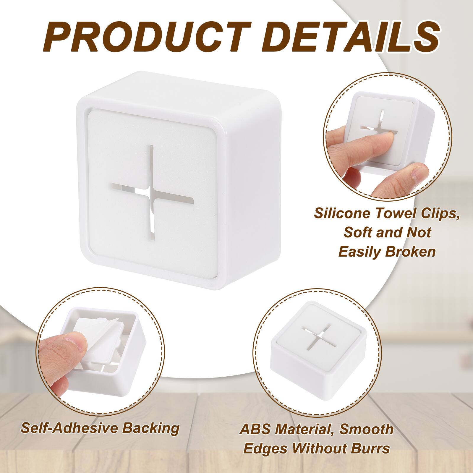 PRODUCT DETAILS

- Silicone Towel Clips, Soft and Not Easily Broken
- Self-Adhesive Backing
- ABS Material, Smooth Edges Without Burrs
