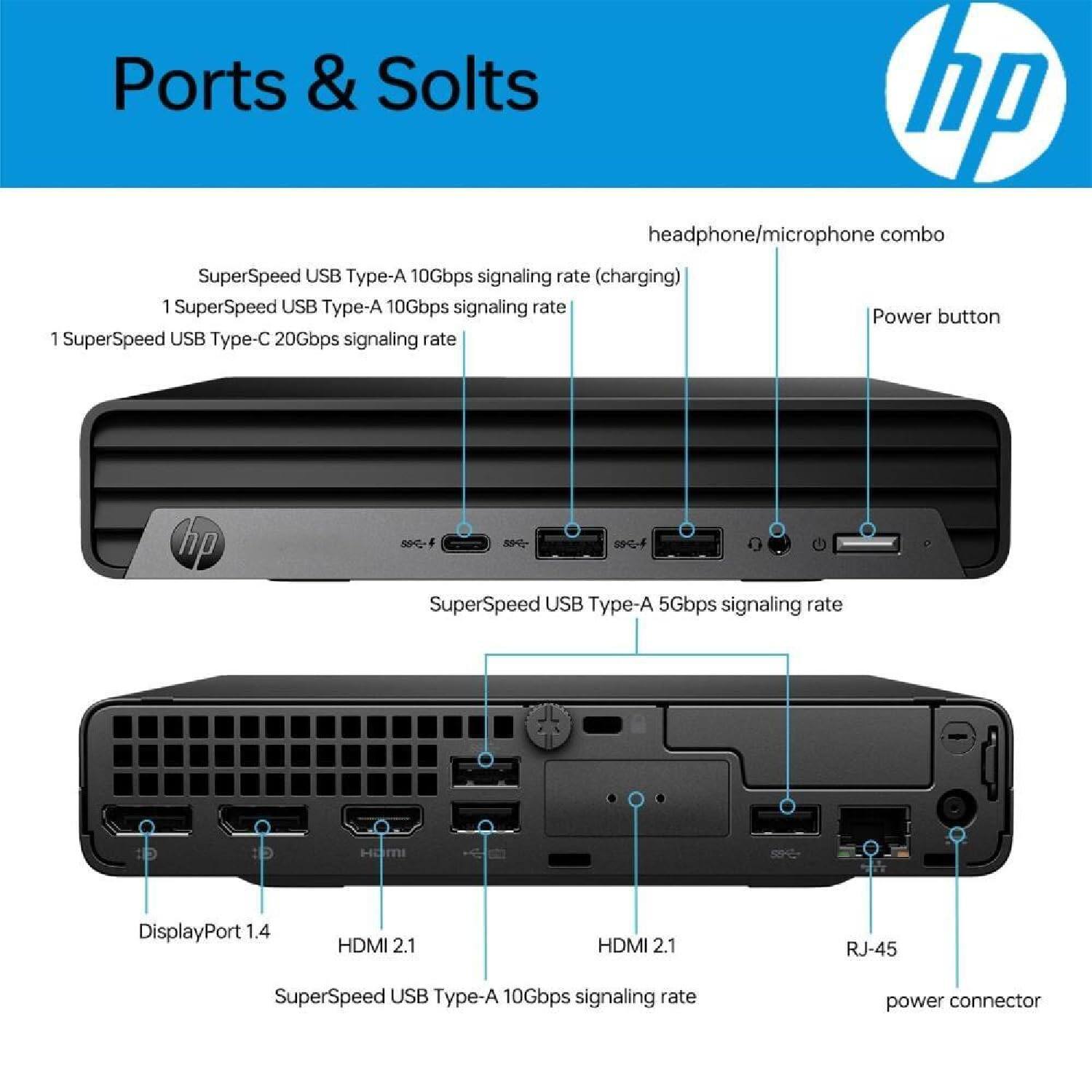 Ports & Slots

- headphone/microphone combo
- SuperSpeed USB Type-A 10Gbps signaling rate (charging)
- 1 SuperSpeed USB Type-A 10Gbps signaling rate
- 1 SuperSpeed USB Type-C 20Gbps signaling rate
- Power button
- SuperSpeed USB Type-A 5Gbps signaling rate
- DisplayPort 1.4
- HDMI 2.1
- HDMI 2.1
- RJ-45
- SuperSpeed USB Type-A 10Gbps signaling rate
- power connector