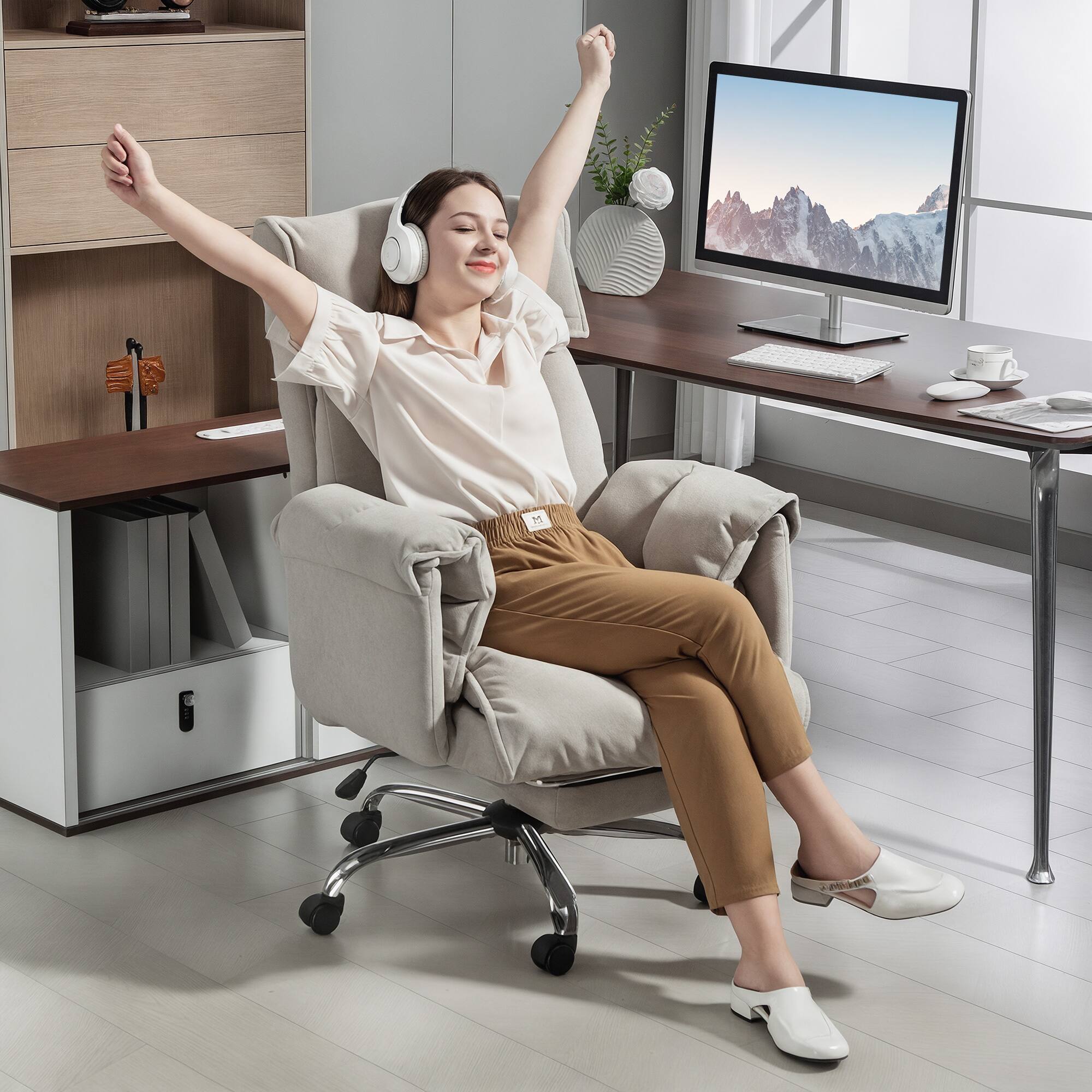 Alt View 8. HOM - HOMCOM Executive Office Chair with Footrest, Reclining Swivel Computer Desk Chair with High Back, Thick Cushion - Light Gray.