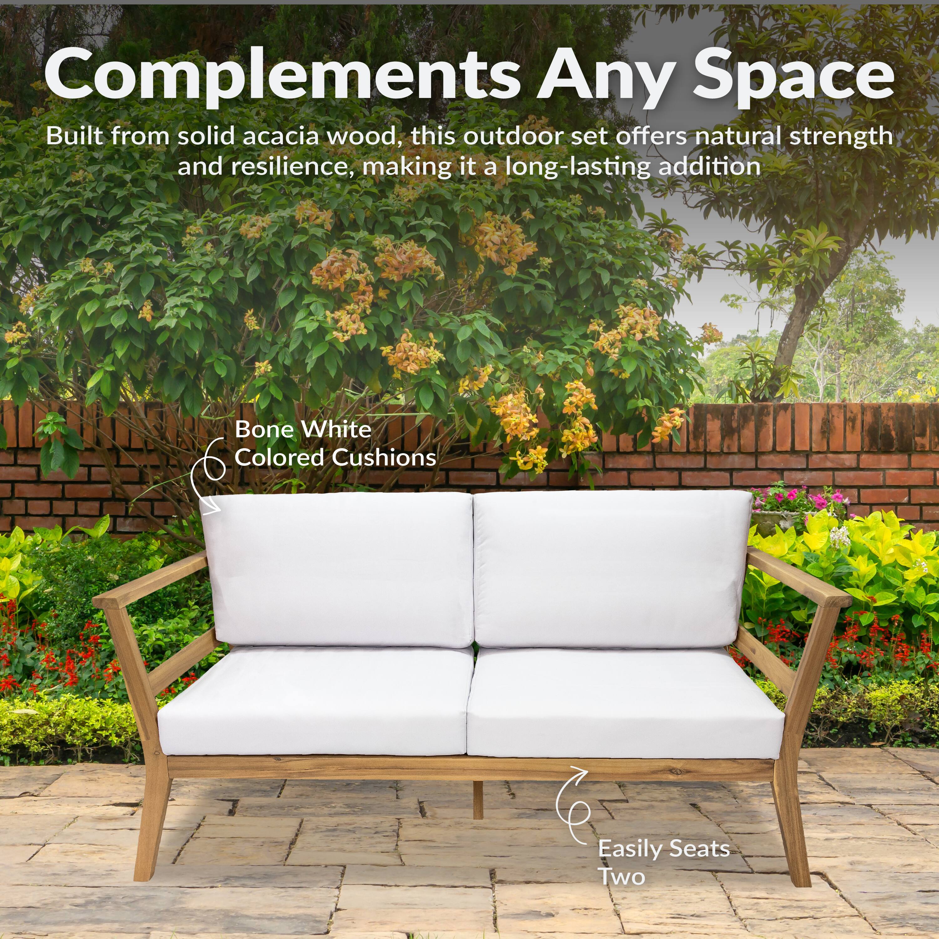 Complements Any Space

Built from solid acacia wood, this outdoor set offers natural strength and resilience, making it a long-lasting addition.

Bone White Colored Cushions

Easily Seats Two