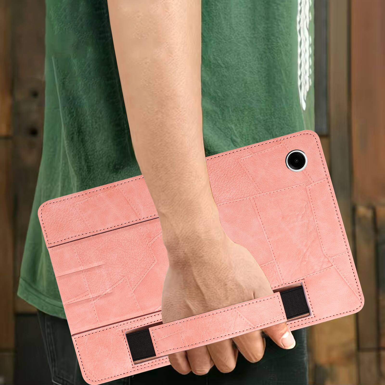 Alt View 2. Dteck - Leather Texture Case for Samsung Galaxy Tab A9, Shockproof Protective Cover with Multi-Angle Stand and Secure Hand Strap - Pink.