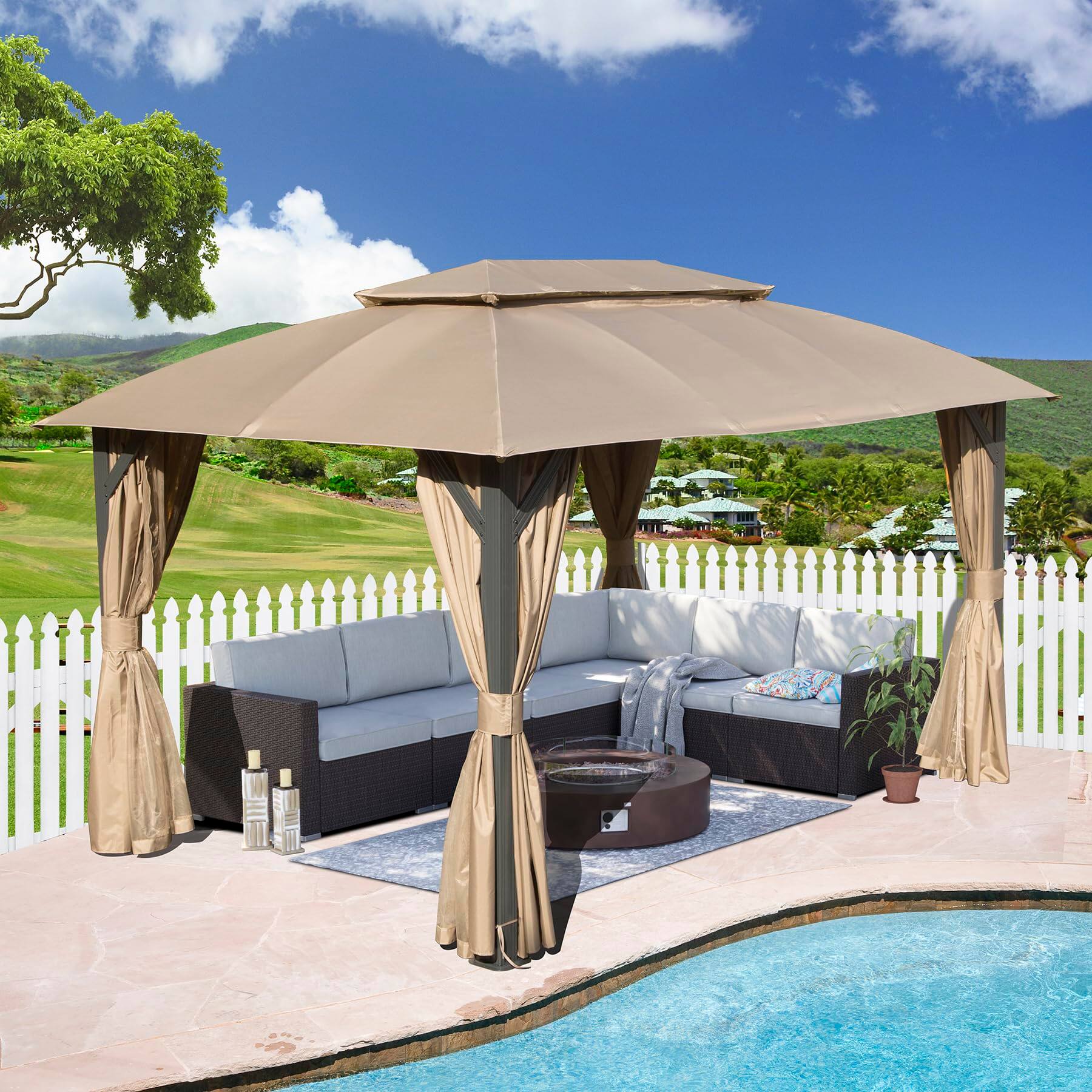 Alt View 1. Boyel Living - Outdoor Double Roof Gazebo with Curtains and Mosquito Netting Heavy Duty Metal Frame - Brown.
