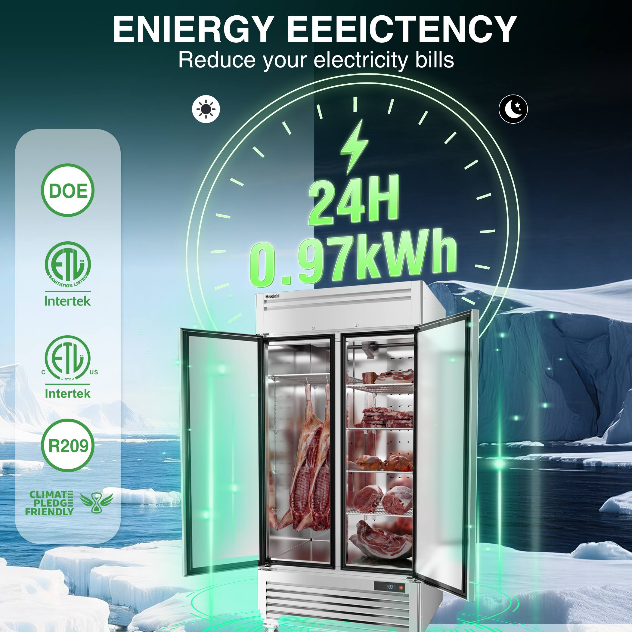 ENERGY EFFICIENCY  
Reduce your electricity bills  

24H  
0.97kWh  

DOE  
ETL  
Intertek  
ETL US  
Intertek  
R209  
CLIMATE PLEDGE FRIENDLY